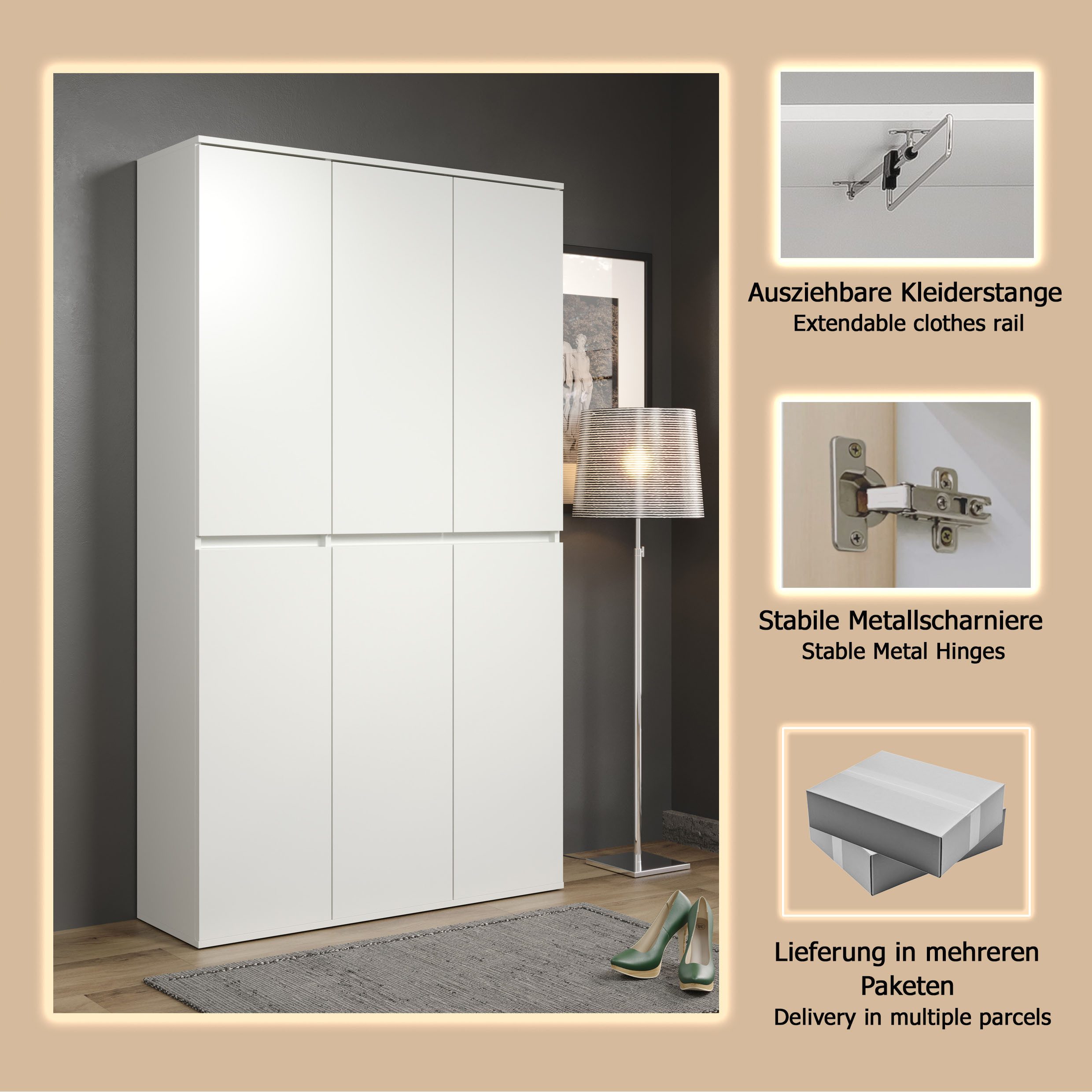 Home affaire Garderoben-Set Novara, Mehrzweckschrank mit 6 Türen - (B/T/H) 111/34/191 cm