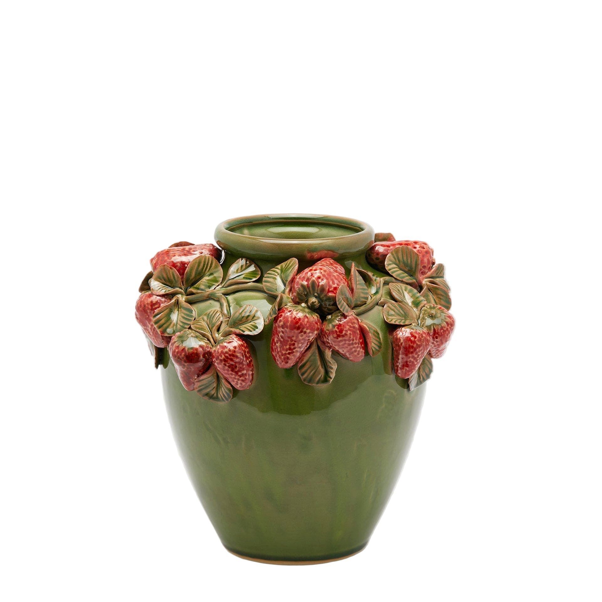 enzo de gasperi Dekovase Grüne Keramikvase mit Erdbeermuster – H 26,5 cm Ø 27 cm - Handarbeit (verschiedene Größen können kombiniert werden)
