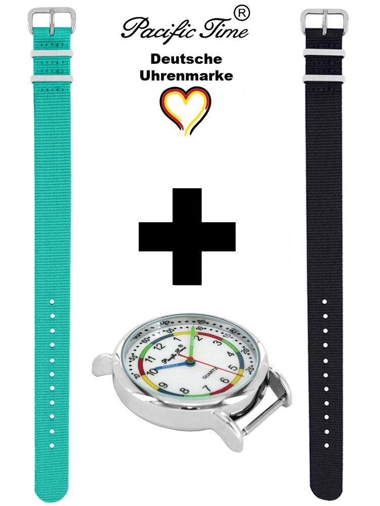 Pacific Time Gratis Lernuhr Mix Design Kinder Set schwarz - Armbanduhr First und Versand Match türkis Quarzuhr und Wechselarmband