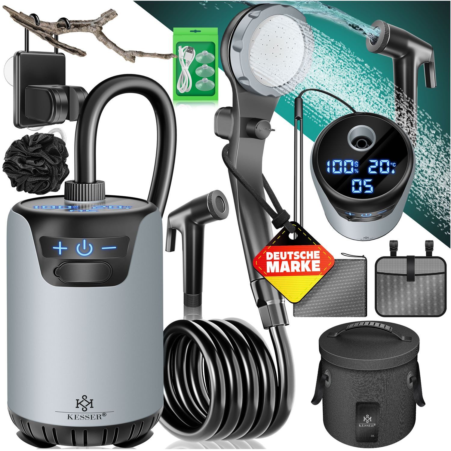 KESSER Gartendusche Campingdusche mit 20L Behälter, Pumpe & wiederaufladbarer Akku 4000mAh (Mobile Dusche inkl. Duschkopf, 2m Schlauch, Sprühpistole & Halterung), Outdoor Dusche