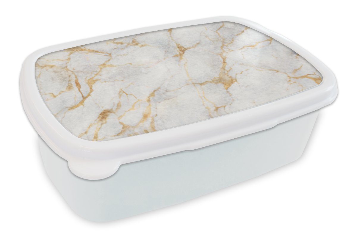 MuchoWow Lunchbox Marmor - Weiß - Gold - Abstrakt, Kunststoff, (2-tlg), Brotbox für Kinder und Erwachsene, Brotdose, für Jungs und Mädchen