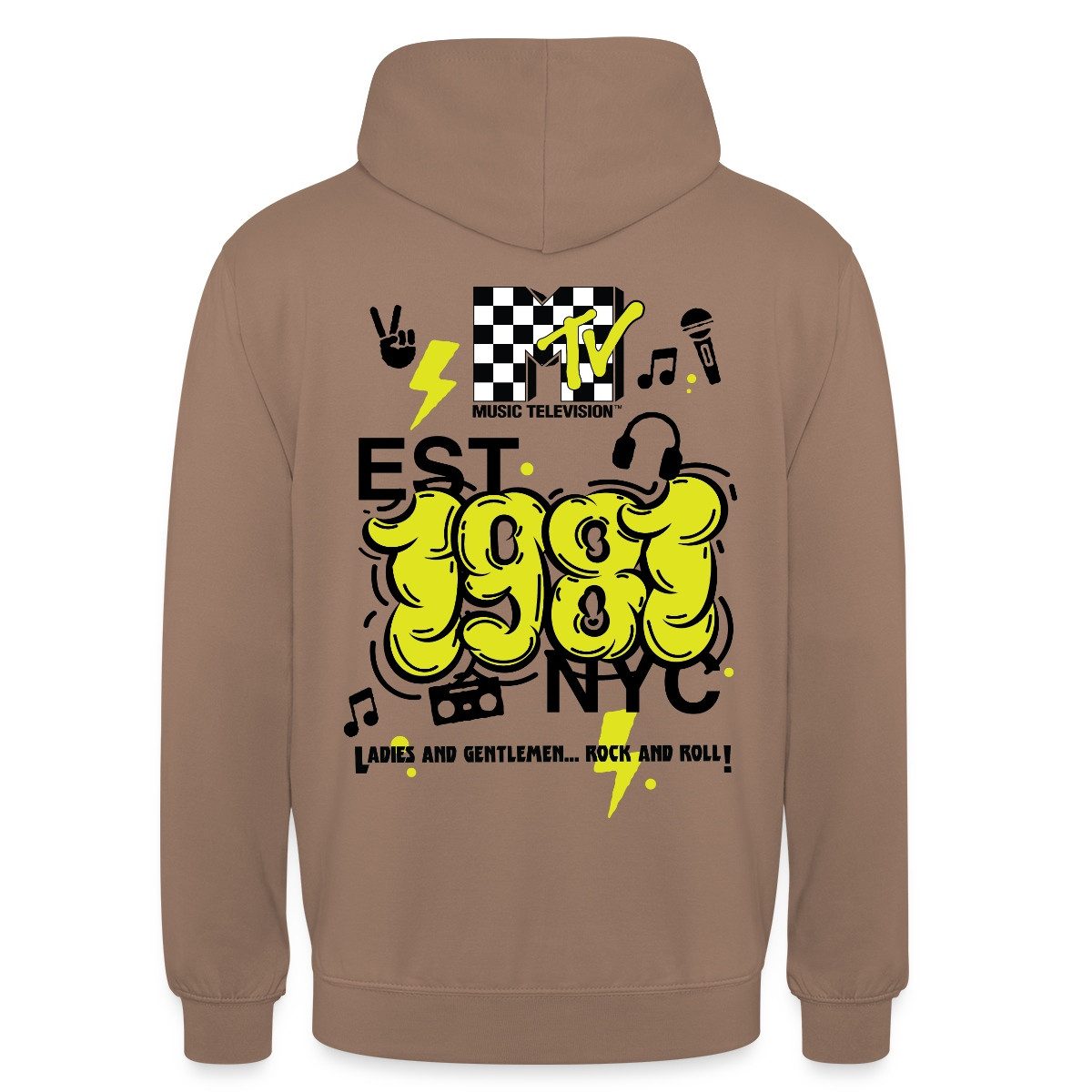 Spreadshirt Hoodie MTV Est. 1981 NYC Logo Rückendesign Unisex Hoodie (1-tlg) Unisex-Schnitt: Sitzt bei Männern körpernah, bei Frauen weit