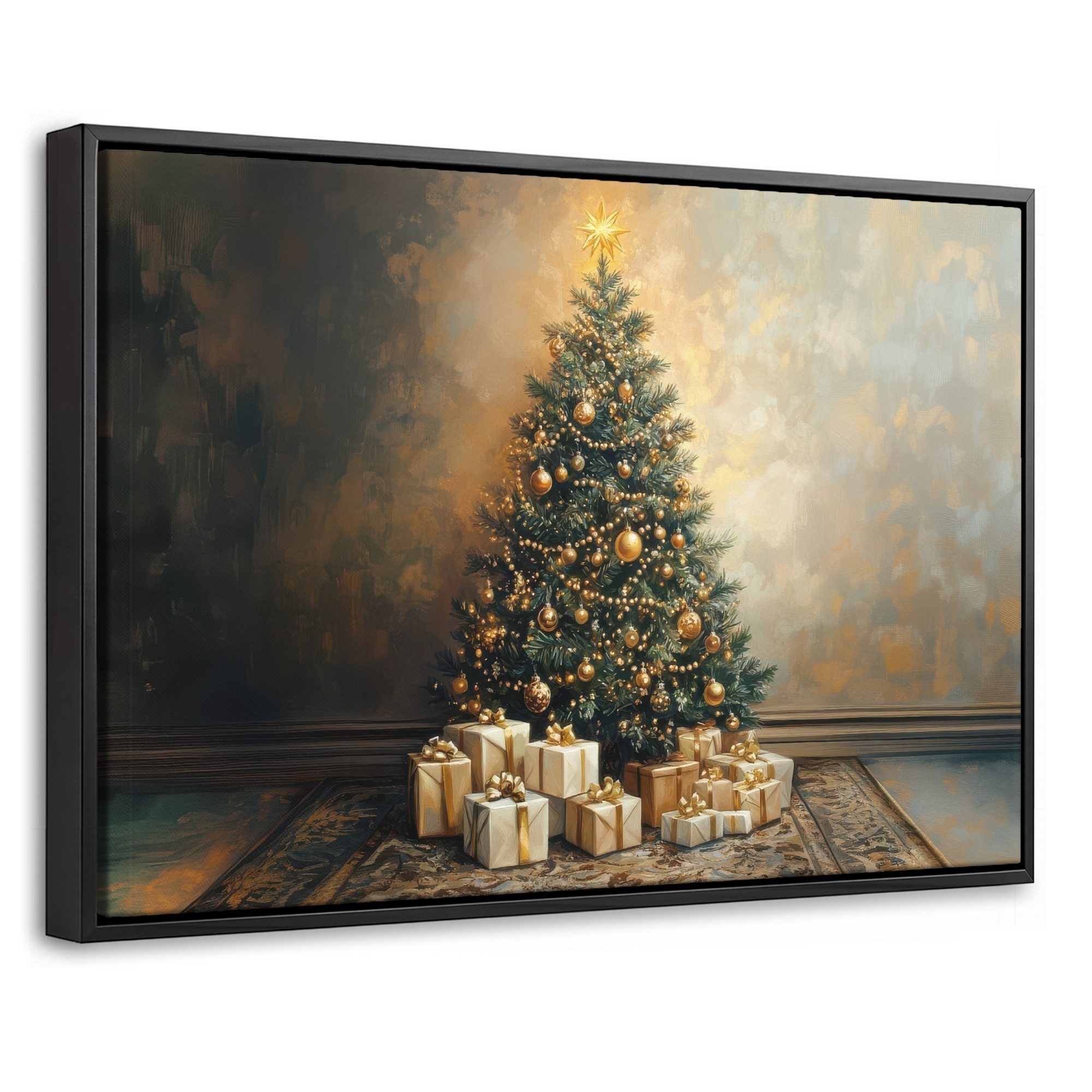 OneMillionCanvasses® Leinwandbild mit Rahmen - Weihnachtsbaum - Geschenke - Gold, Fotodruck (1 St), Bilder, Zimmer Wand Bild Dekoration 30x20cm