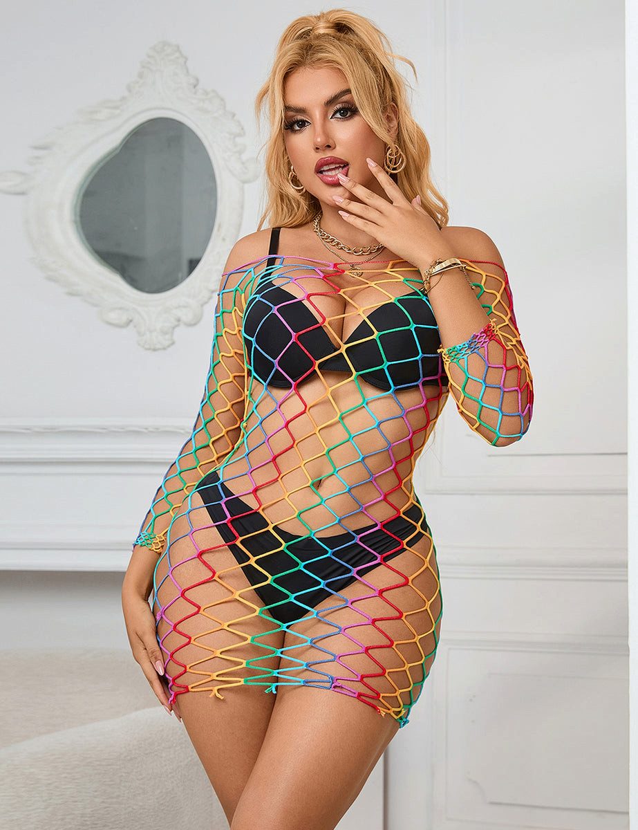 Lau-Fashion Bodystocking Catsuit Neon Rainbow Fishnet Transparent Body Stocking Dessous S/XL