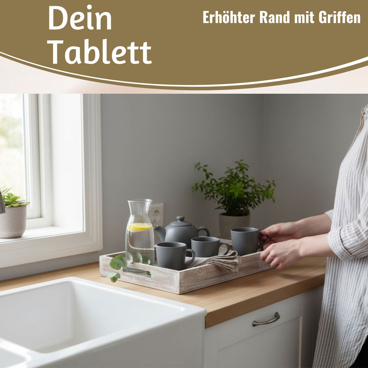 LS-LebenStil Tablett Vintage Serviertablett 40x25x5cm Grau Braun gekalkt Holz Tablett Griff, Holz, (1-tlg., Küchentablett Frühstückstablett Betttisch Betttablett Kerzentablett), erhöhter Rand Geflammt Teetablett Frühstück Geschirr Getränke Deko