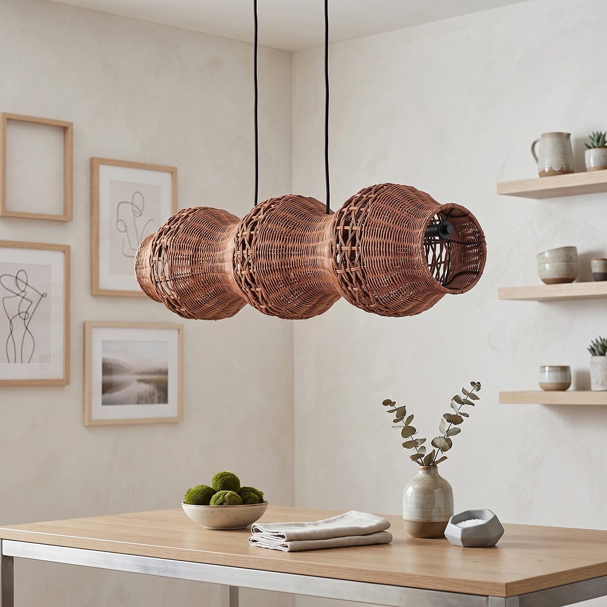 hofstein Pendelleuchte Hängelampe aus Metall/Rattan in Schwarz/Naturfarben/Braun, ohne Leuchtmittel, Hängeleuchte im skandinavischen Design, Boho-Style, max. 170 cm, 3xE27