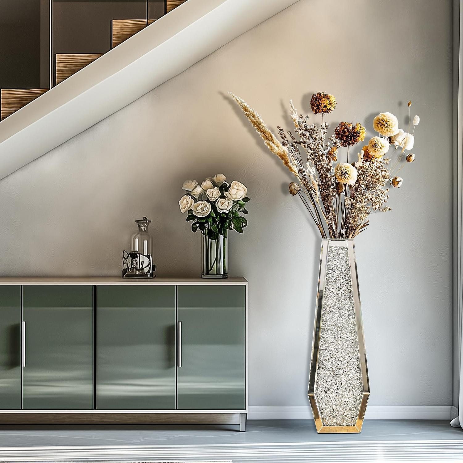 LuxusKollektion Bodenvase Bodenvase Groß Silber Kristall 68cm