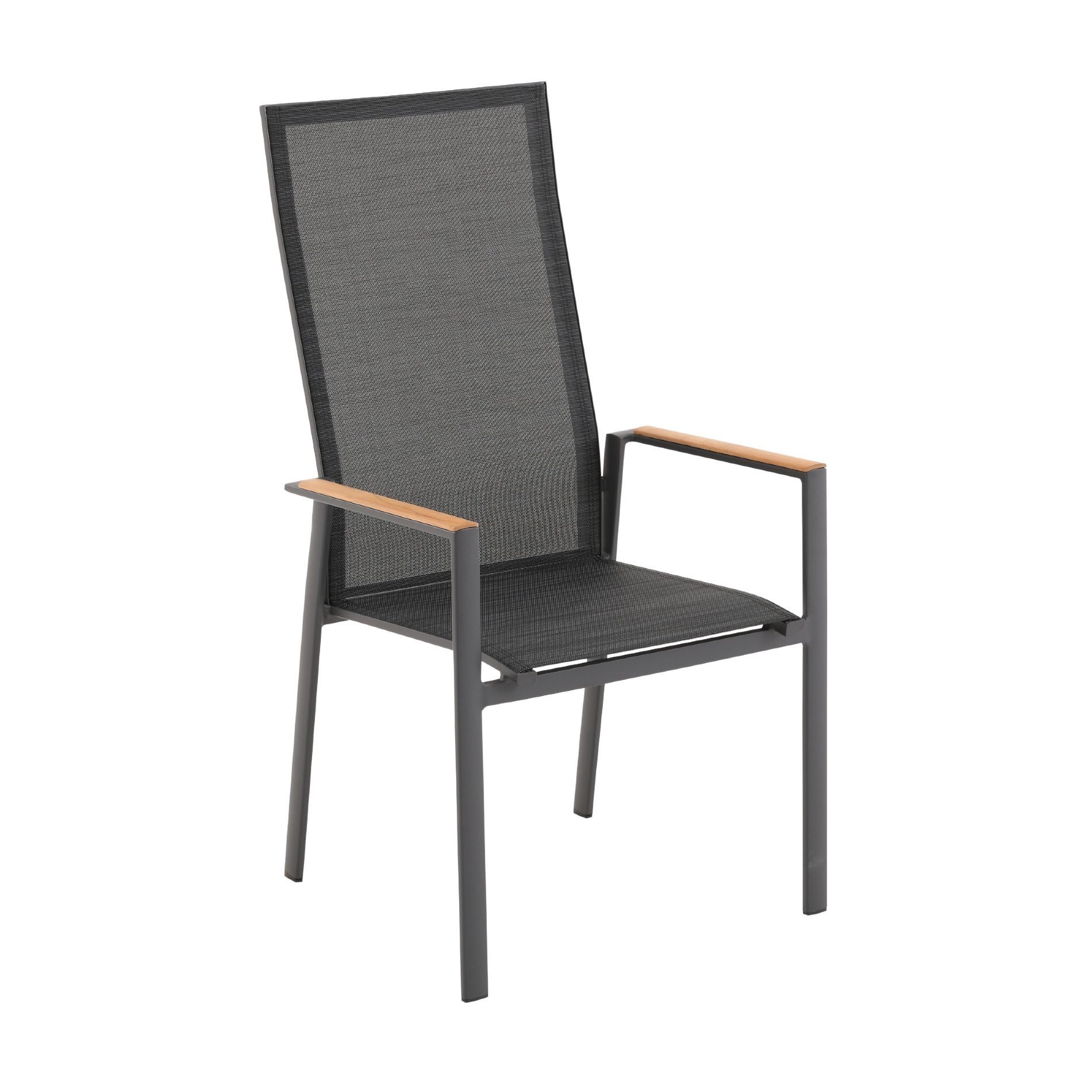Liadomo Gartenstuhl Limbadi Stapelstuhl, Gartensessel, Stuhl für Terrasse & Balkon (Hochlehner), Teak-Armlehnen, hohe Rückenlehne, Aluminium anthrazit
