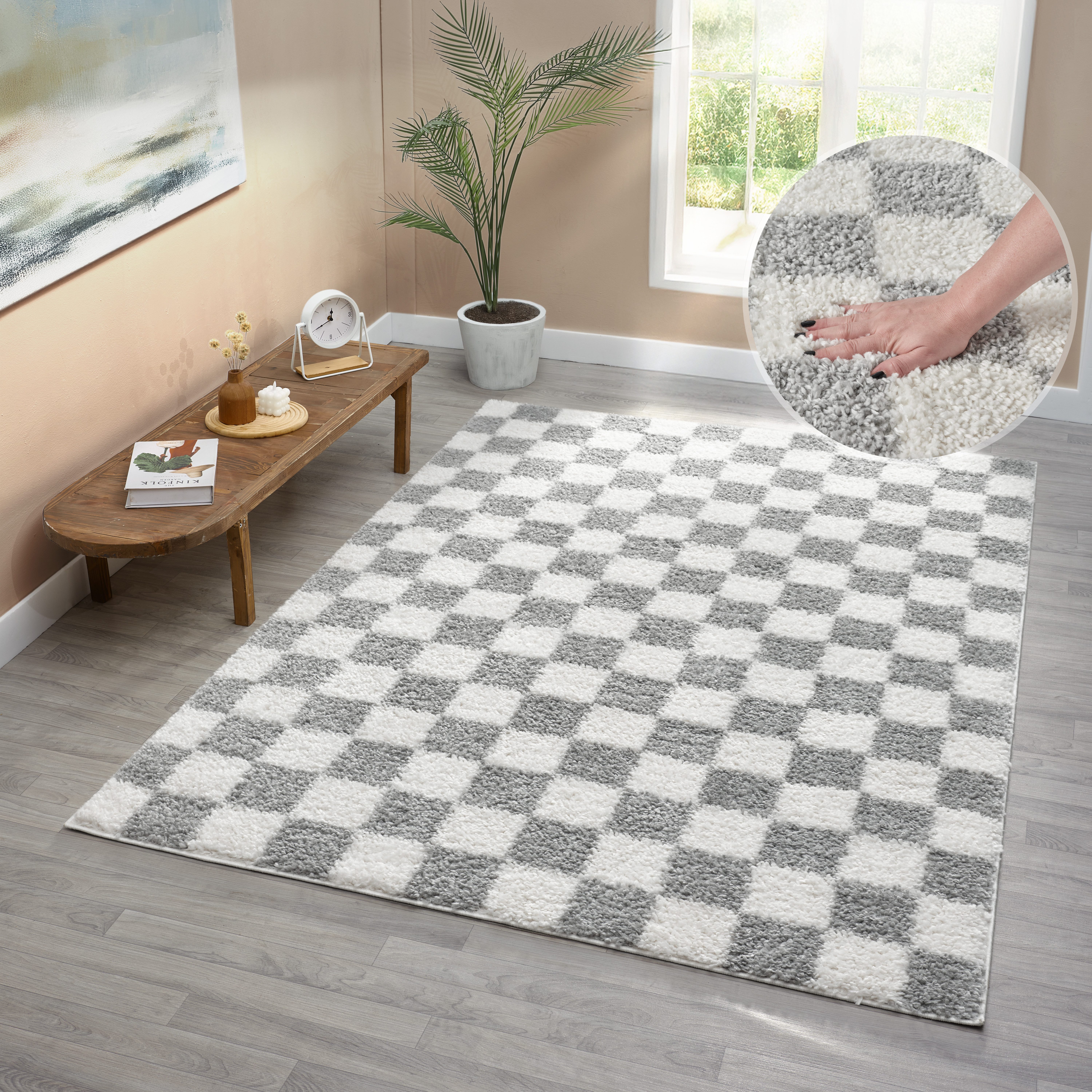 OTTO home Hochflor-Teppich Kiiki, Karo-Muster, rechteckig, Höhe: 30 mm, Kariert, auffälliges Schachbrettmuster, Wohnzimmer, Schlafzimmer