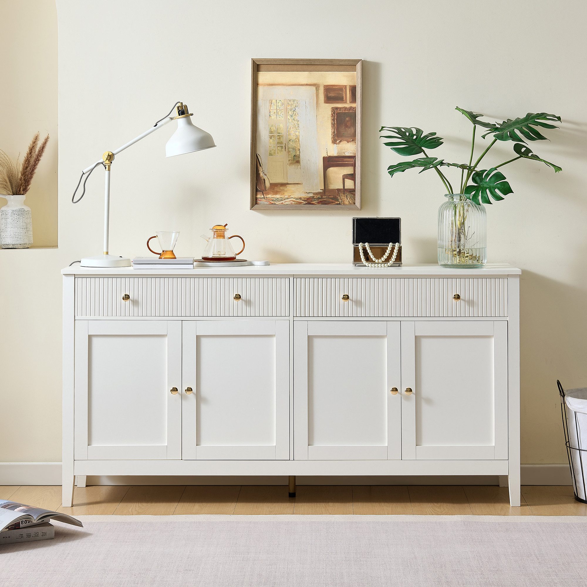 KLAM HOME Sideboard Elegantes weißes Sideboard großzügiger Stauraum goldene Griffe (Moderner Aufbewahrungsschrank mit Schubladen und Türen für Zuhause), Praktisches Buffetmöbel vielseitig nutzbar Küche Esszimmer Wohnzimmer