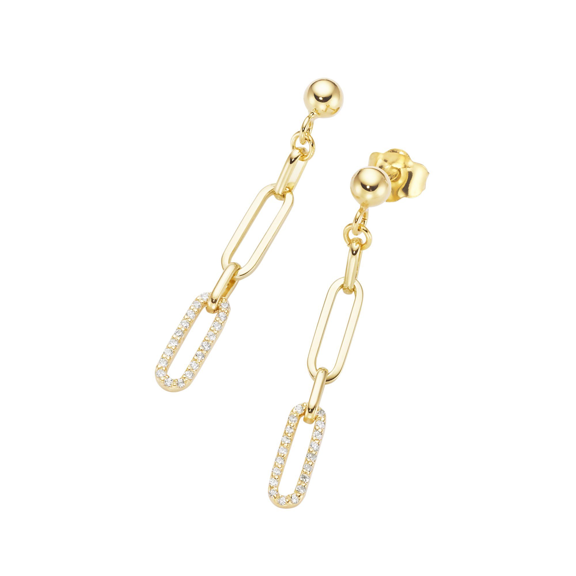 Paar Ohrstecker längliche Glieder als Behang, Zirkonia Steine, Gold 375