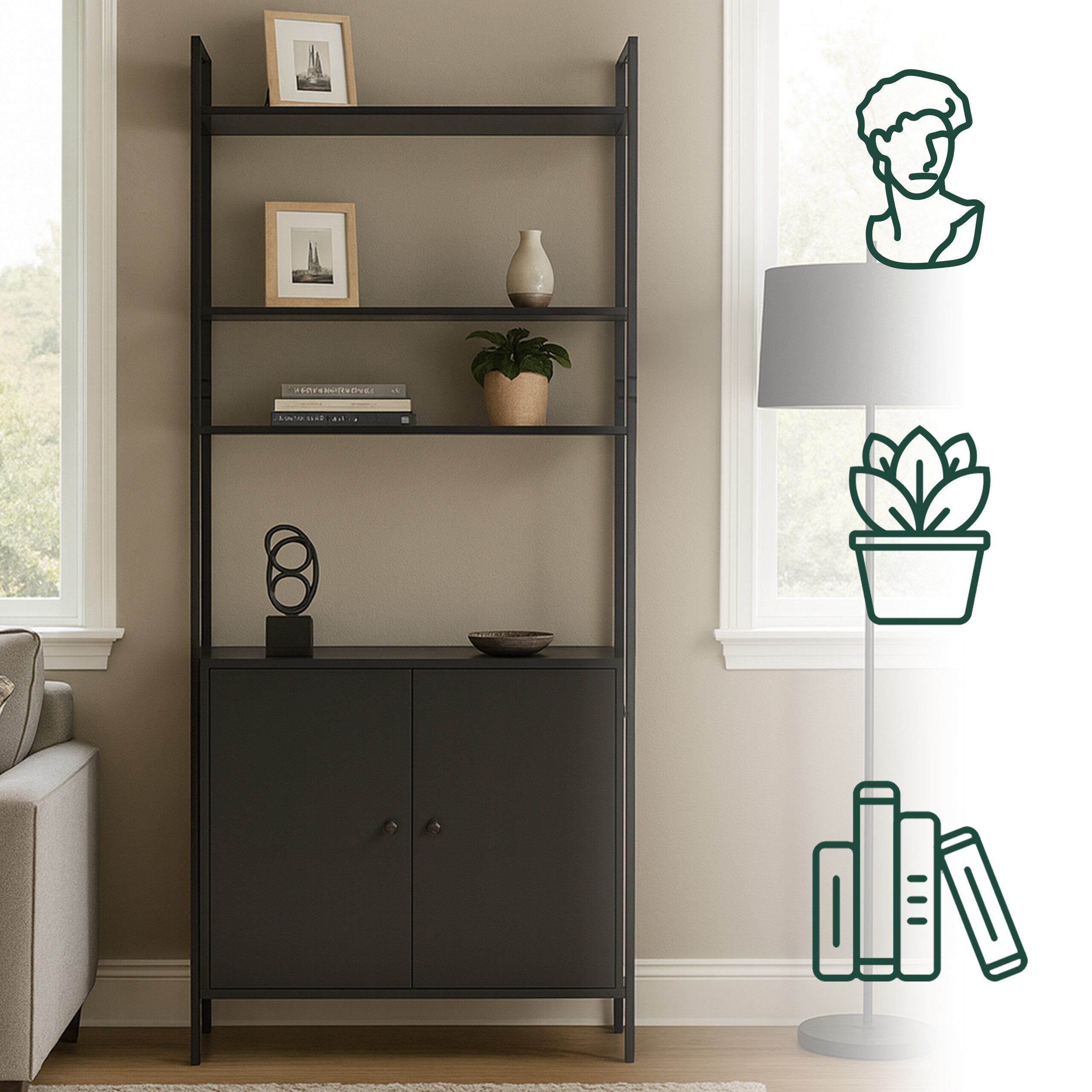 relaxdays Bücherregal mit Unterschrank, schwarz