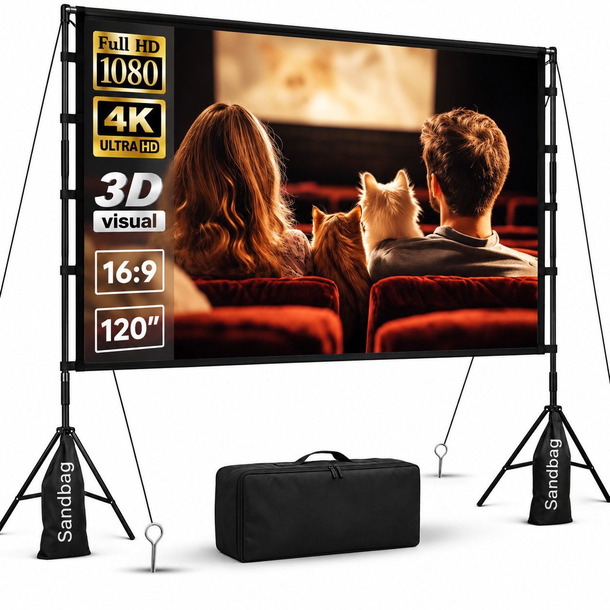 LEMLIT Beamer Leinwand 100/120 Zoll mit Stativ, Outdoor Projektorleinwand Stativleinwand (16:9 4K HD Faltbare leinwand Beamer mit Tragetasch für Heimkino)