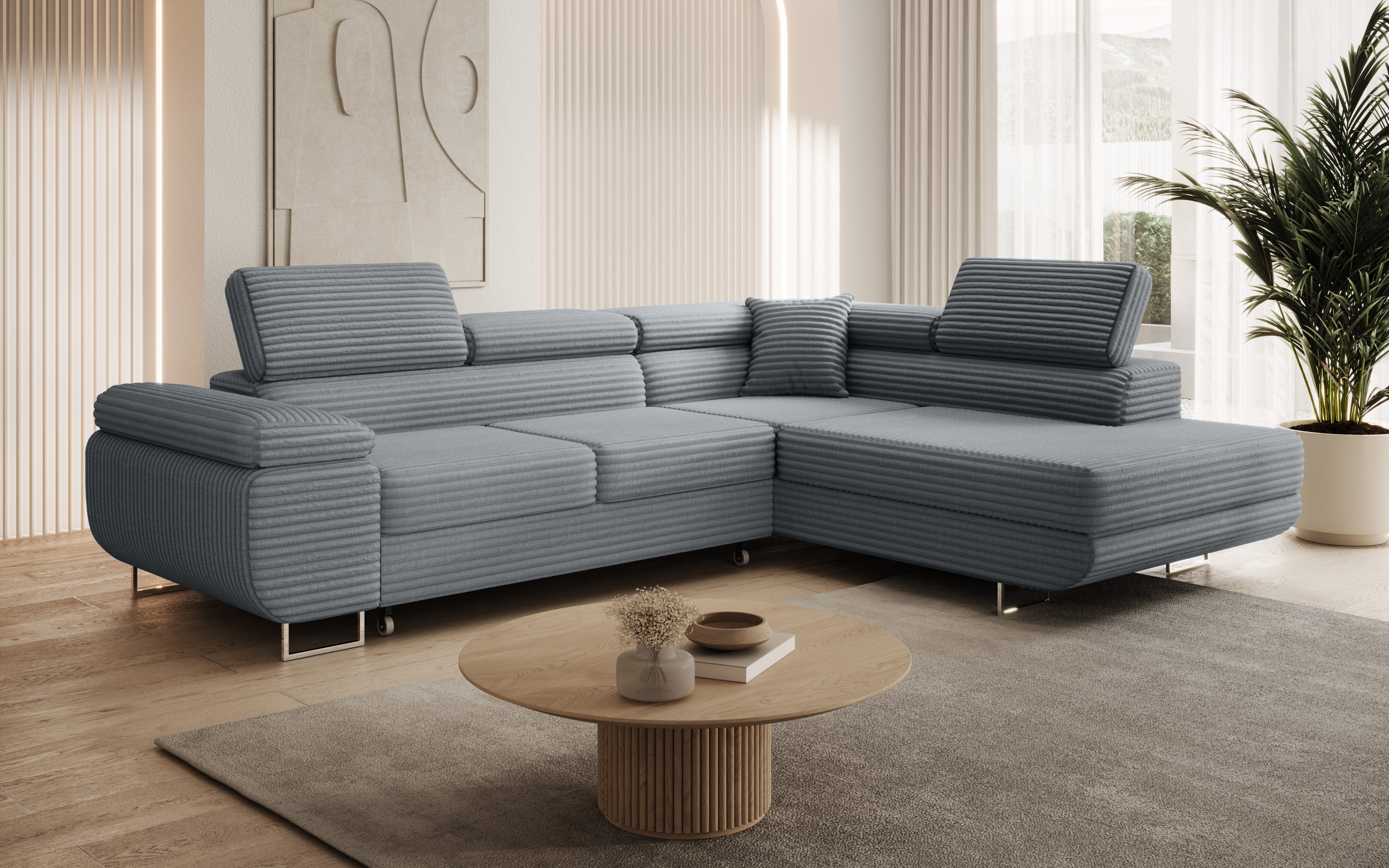 thematys Ecksofa ASTON mit Schlaffunktion & Bettkasten – Cordstoff TILIA, - mit 3 verstellbaren Kopfstützen, – L-Form 273×203 cm – Schlafsofa mit Auszug