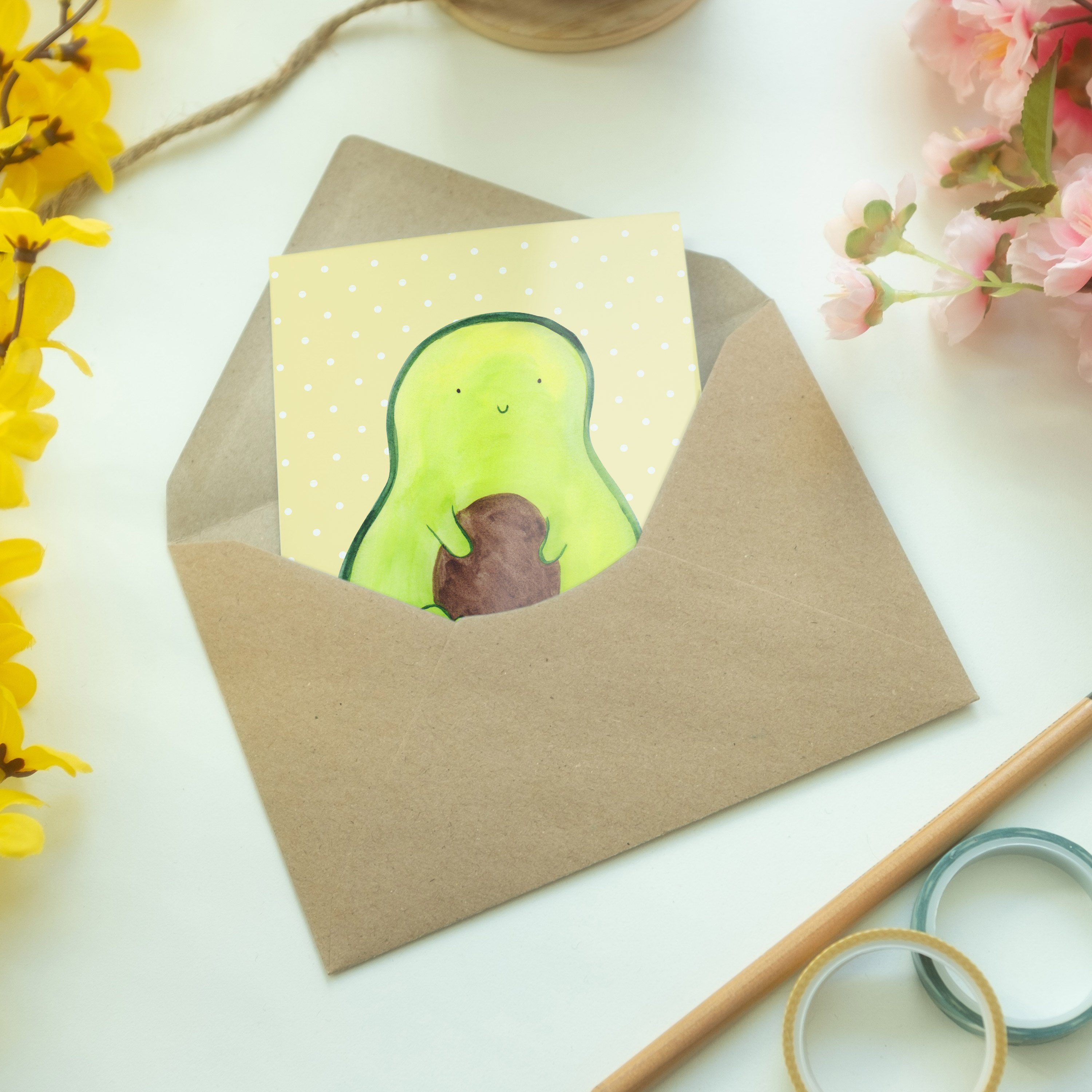 Panda & Grußkarte - Mrs. - Mr. Pflanze, Gelb Kern glücklich, Avocado Geschenk, mit Pastell Spruc