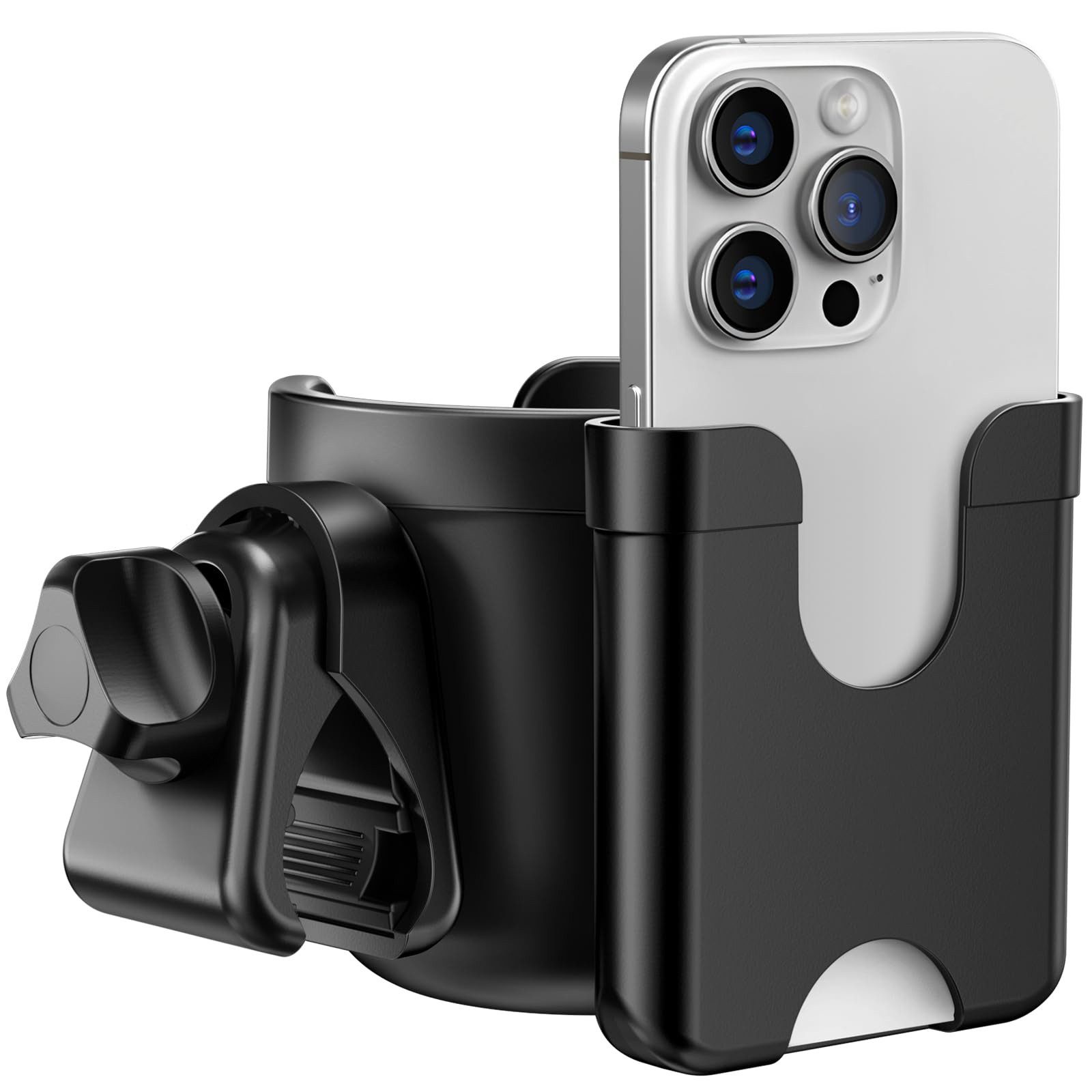 STILVORA Becherhalter 2-in-1 Getränkehalter Handyhalter Kinderwagen Zubehör, (Kinderwagenaufsatz für Babyflasche Kaffeebecher Thermobecher usw., 1-St., werkzeugfreie Montage, 360° drehbar, Anti-Rutsch-Design), für Buggy Reise-Kinderwagen Rollstuhl Fahrrad Scooter Einkaufswagen