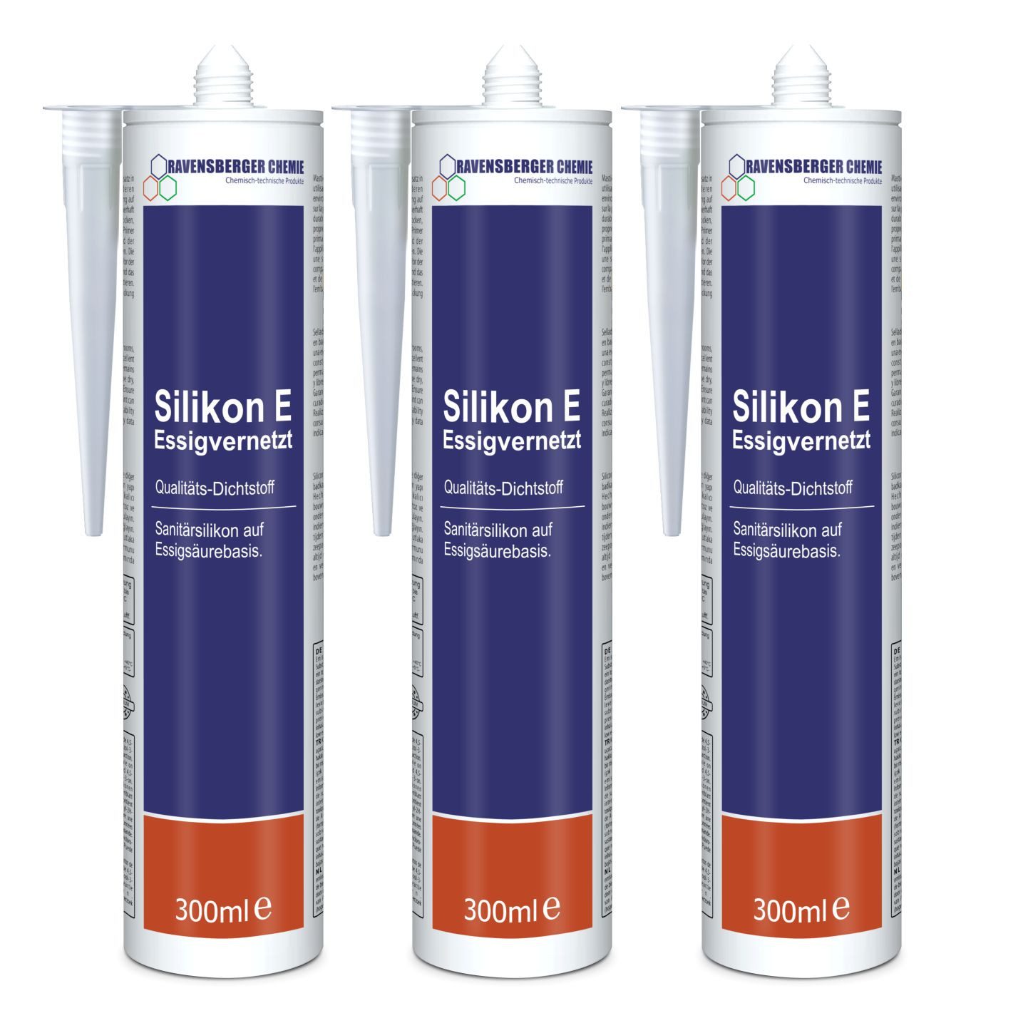 Ravensberger Chemie Silikon E Essigvernetzt – Sanitärsilikon Transparent 300 ml, Silikon, gebrauchsfertig, (3x 300ml Kartusche von Ravensberger Chemie), Essigvernetztes Sanitärsilikon – Dauerelastisch & schimmelresistent