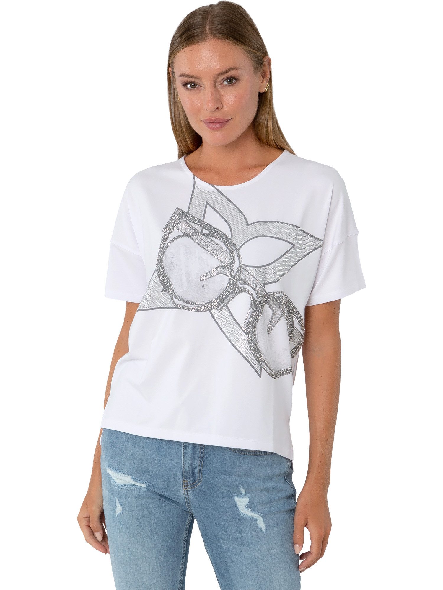 Estefania for woman Kurzarmshirt 194-1227, " Sonnenbrille " mit Strassbesatz verlängertes Rückenteil, Seitenschlitze am Saum