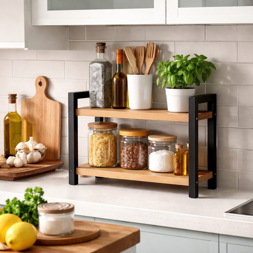 Jungengel Küchenorganizer-Set Gewürzregal Organizer Badregal Holz Metall Küchenregal Küchenablage, (Einzelartikel, Einzelregal bestehend aus Metallrahmen und zwei Ablageböden), Platzsparendes 2-stufiges Gewürzregal im modernen Industrie-Design