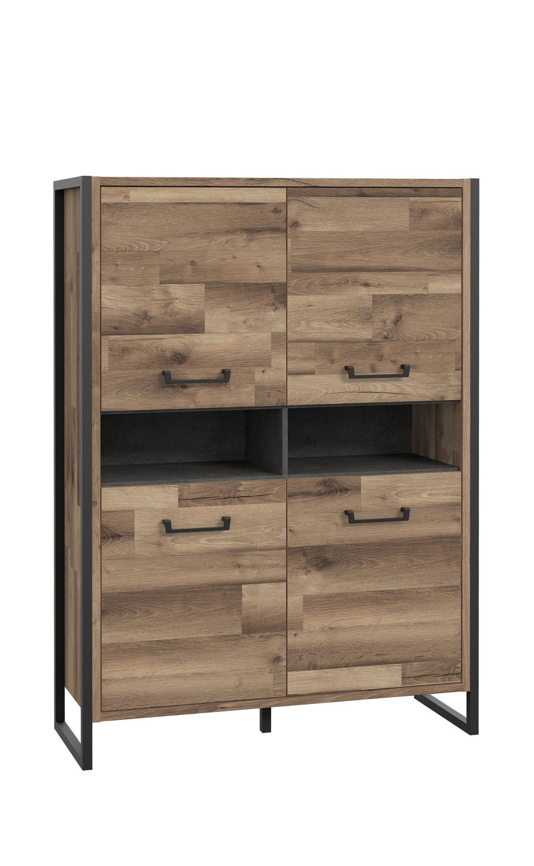 expendio Hochschrank Hudson 2 Stabeiche Nb. / Betonoptik dunkelgrau 110x152x42 cm, LED-Beleuchtung