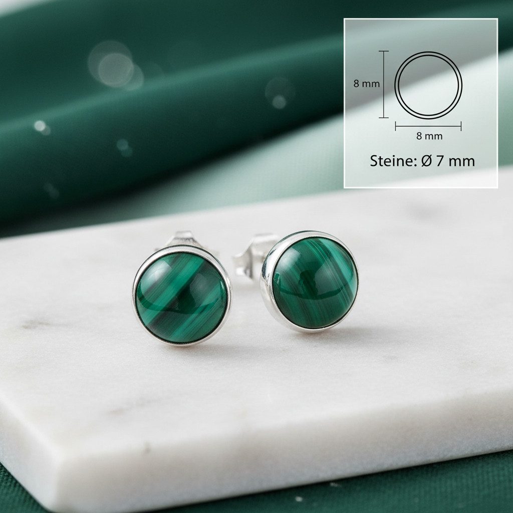 mantraroma Paar Ohrstecker SAMA rund medium aus 925 Silber mit Malachit (Paar, Paar Ohrringe mit Schmuckbeutel), 925 Sterling Silber Ohrringe für Damen