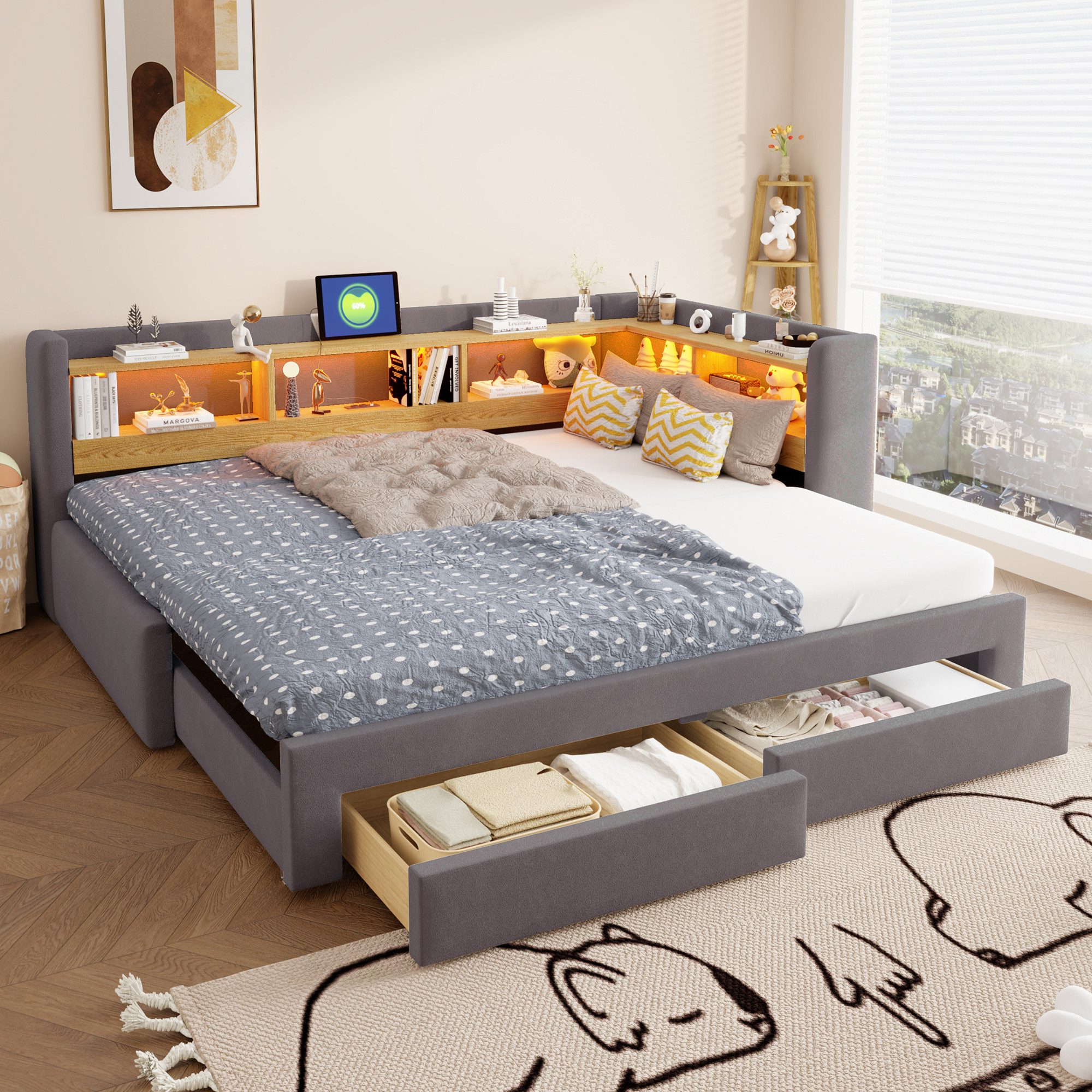 i@home Daybett 90x200 cm Tagesbett, Ausziehbett zum 180x200 cm Doppelbett, Dunkelgrau, mit ausziehbarem Bett, 3-in-1 Tagesbett mit …