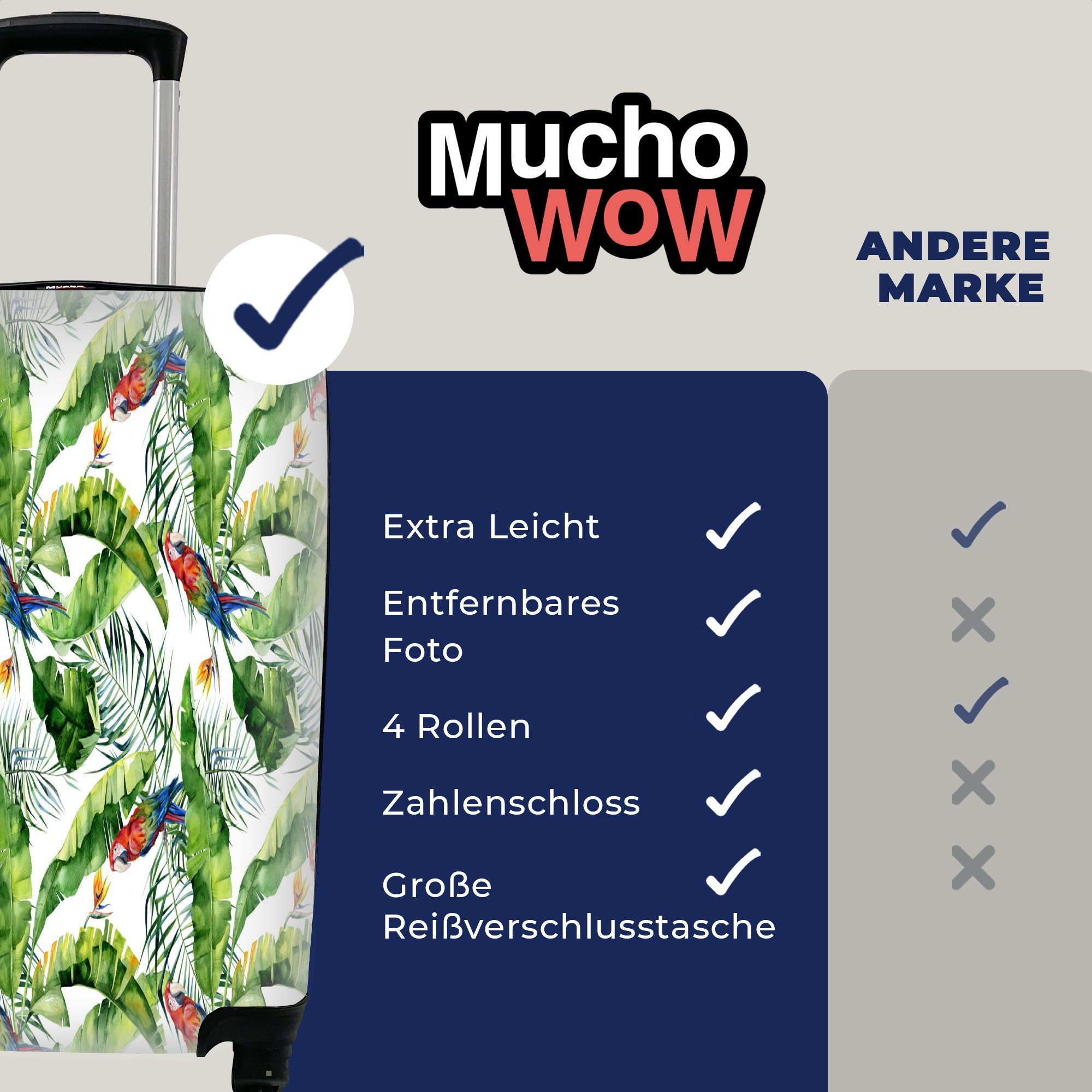 Papagei, Ferien, Reisetasche Handgepäck Paradiesvogelpflanze Blumen Handgepäckkoffer MuchoWow 4 rollen, für Reisekoffer mit - Trolley, - Rollen,