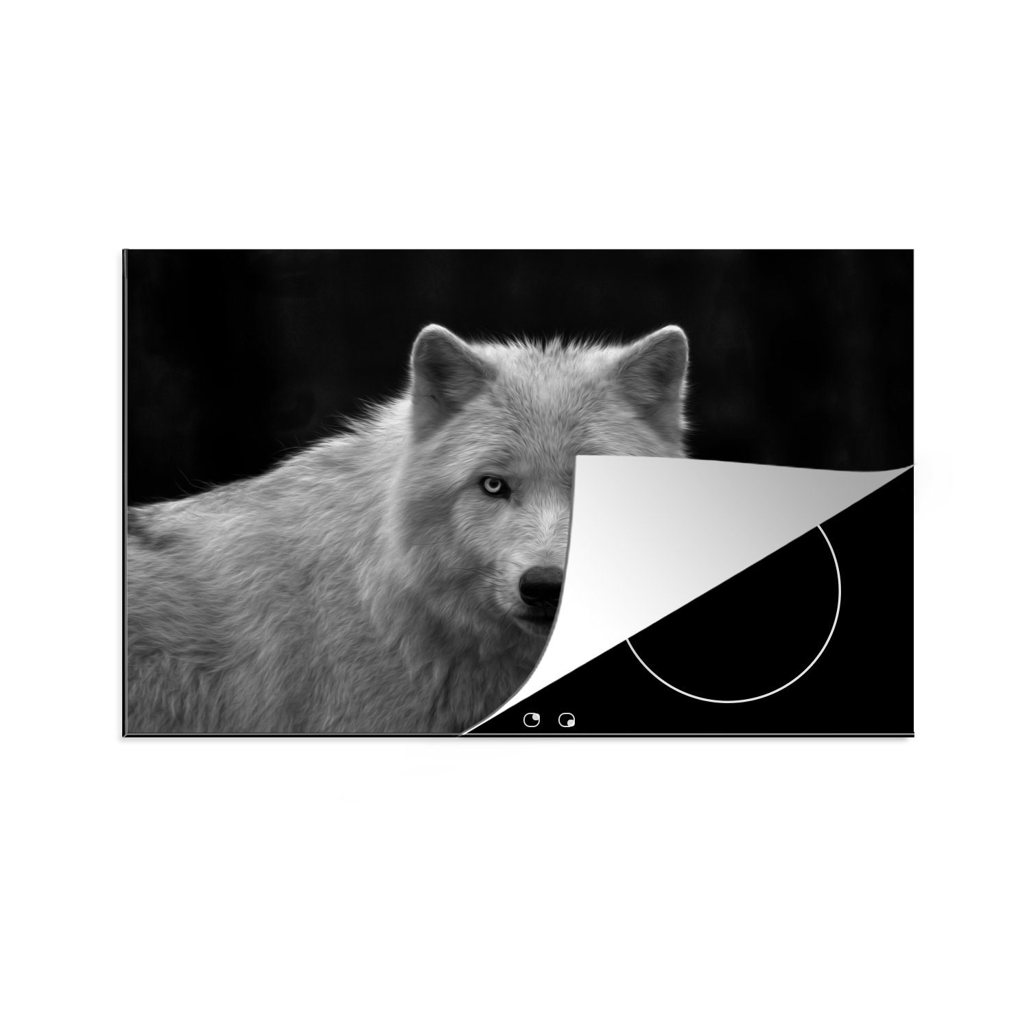 MuchoWow Herdblende-/Abdeckplatte Starrender Lakota-Wolf auf schwarzem Hintergrund, Vinyl, (1 tlg), 81x52 cm, Induktionskochfeld Schutz für die küche, Ceranfeldabdeckung