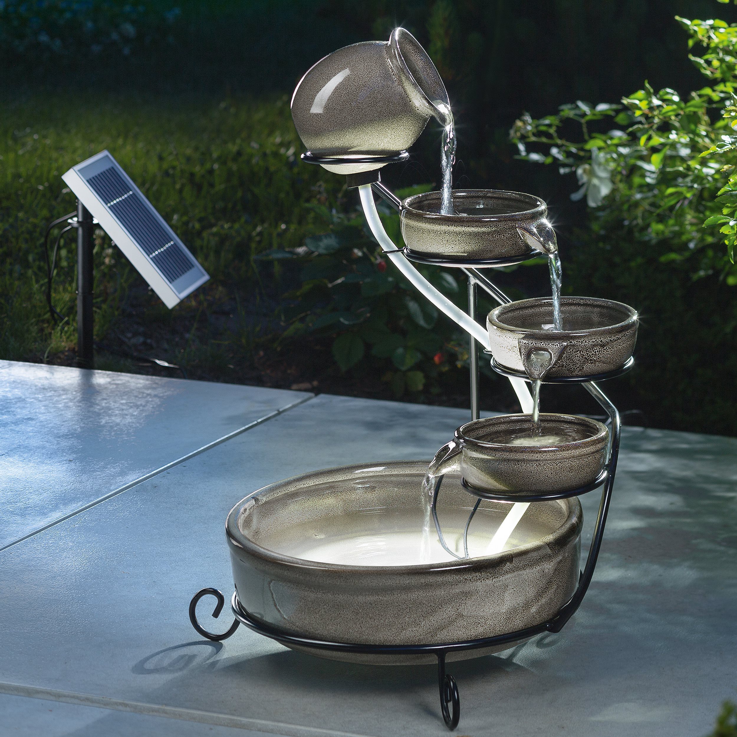 esotec Gartenbrunnen Solar Kaskadenbrunnen Pisa aus Keramik, Akku + LED-Licht H=55cm 101300, (Komplettset)