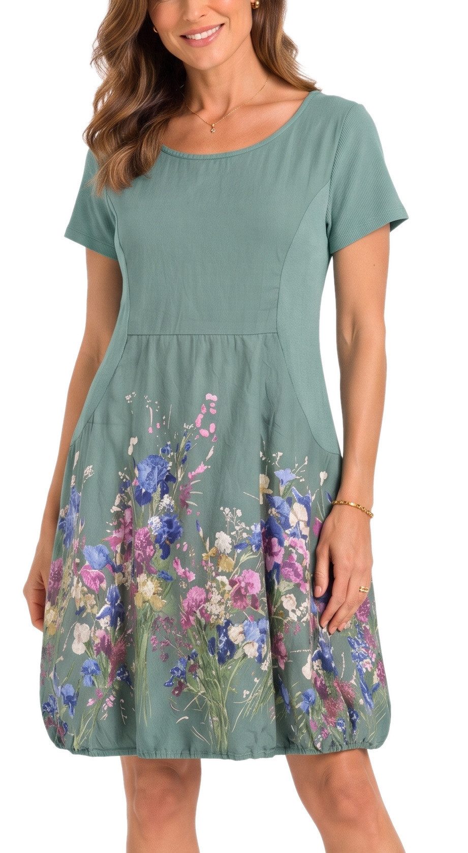 dy_mode Midikleid Damen Sommerkleid mit Blumenmuster Ballonkleid kurzarm Kurzarmkleid Leicht tailliert, 95 cm lang, Blumen-Print