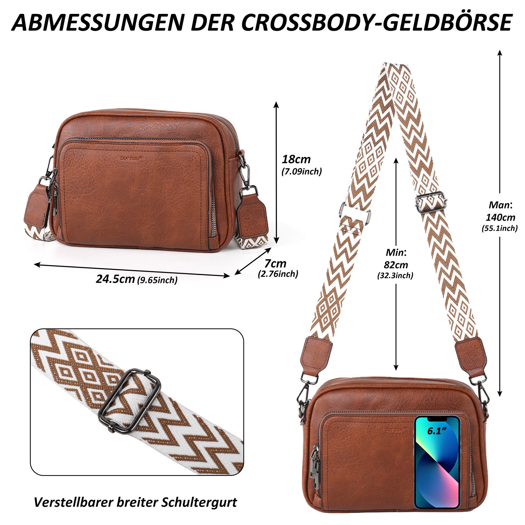 TAN.TOMI Umhängetasche Handtasche Damen mittelgroß tasche mit Verstelbaar Schultergurt, Fronttasche mit mehreren Fächern Weich Breiter Gurt – Bild 3 von 5