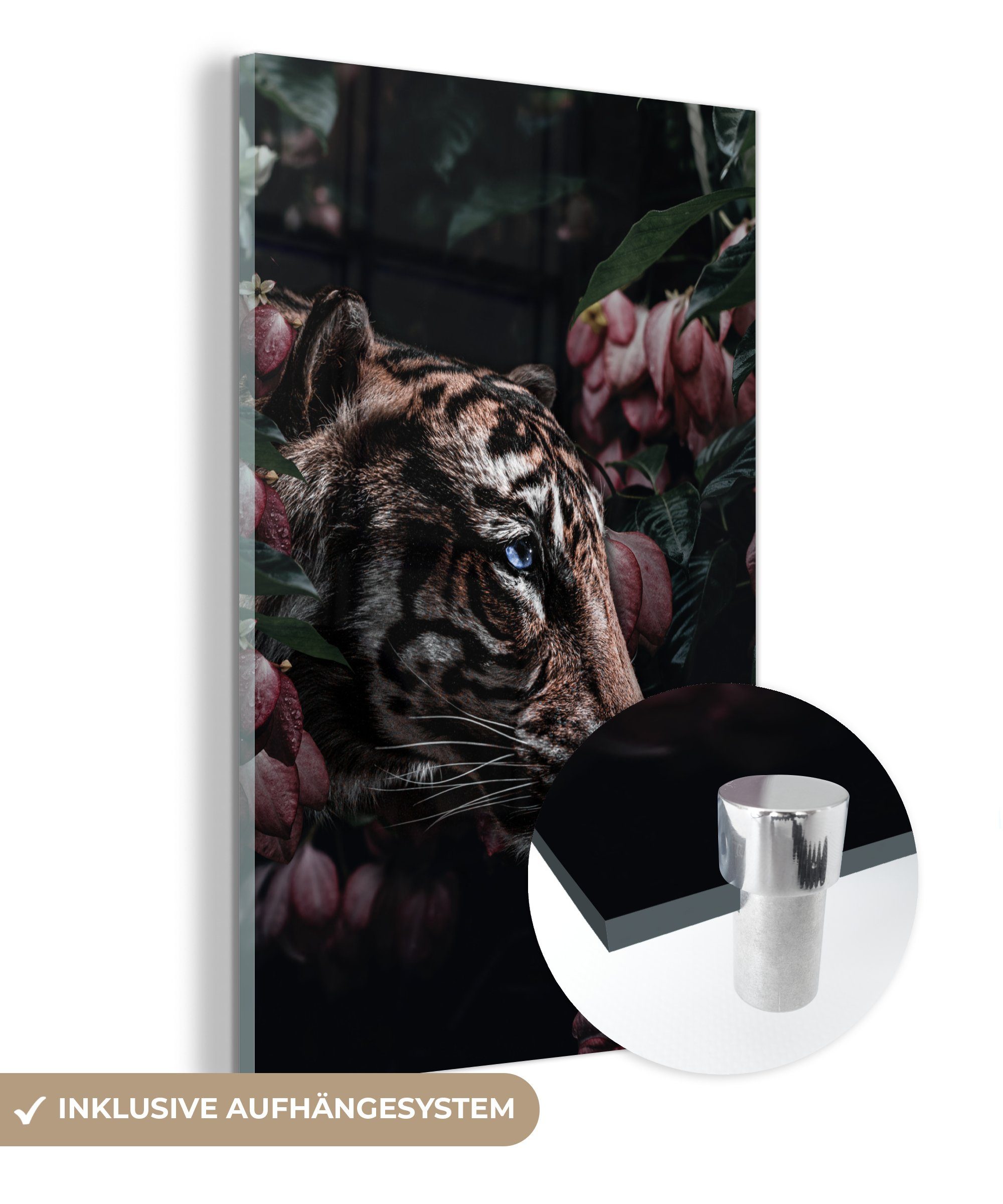 MuchoWow Acrylglasbild Tiger - Rosa - Blumen, (1 St), Glasbilder - Bilder auf Glas Wandbild - Foto auf Glas - Wanddekoration bunt