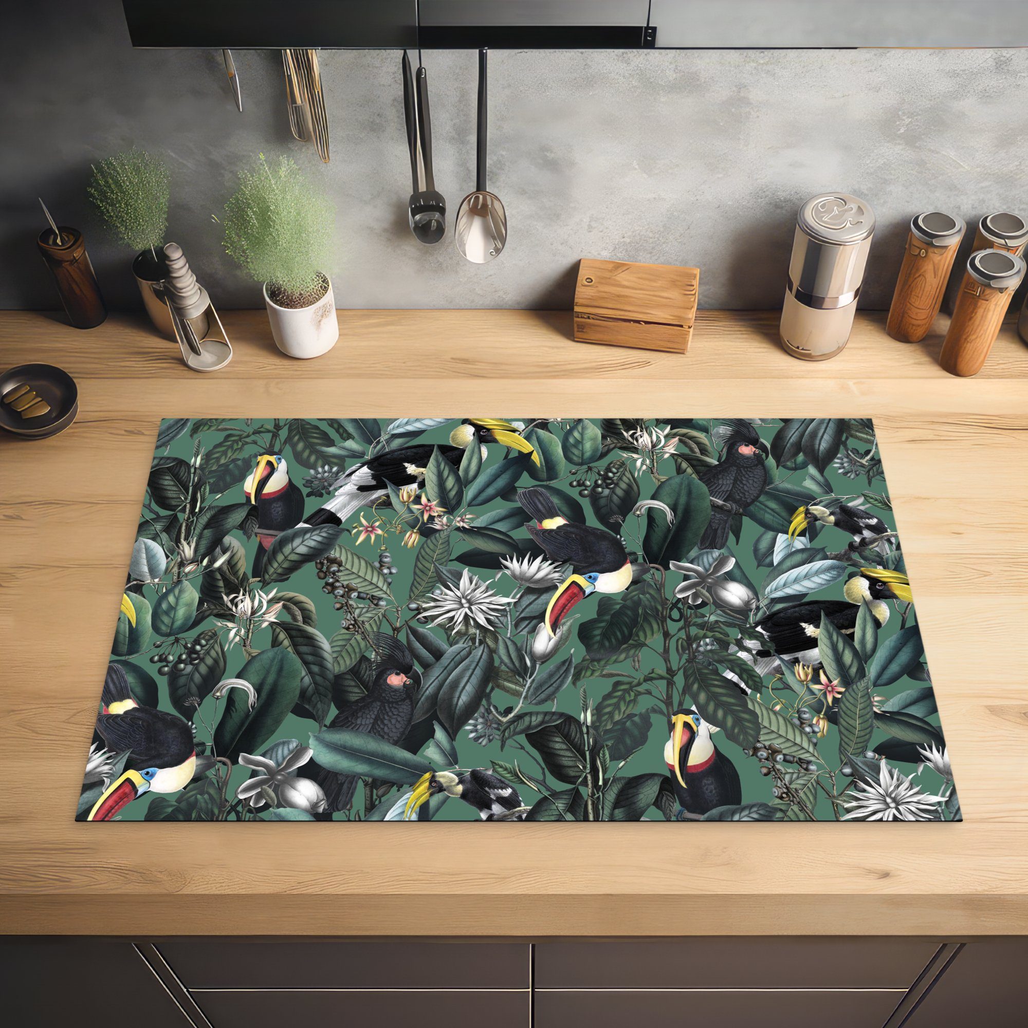 MuchoWow Herdblende-/Abdeckplatte Blumen - Vogel (1 tlg), cm, Ceranfeldabdeckung 81x52 - für Vinyl, Schutz die Induktionskochfeld küche, Blätter