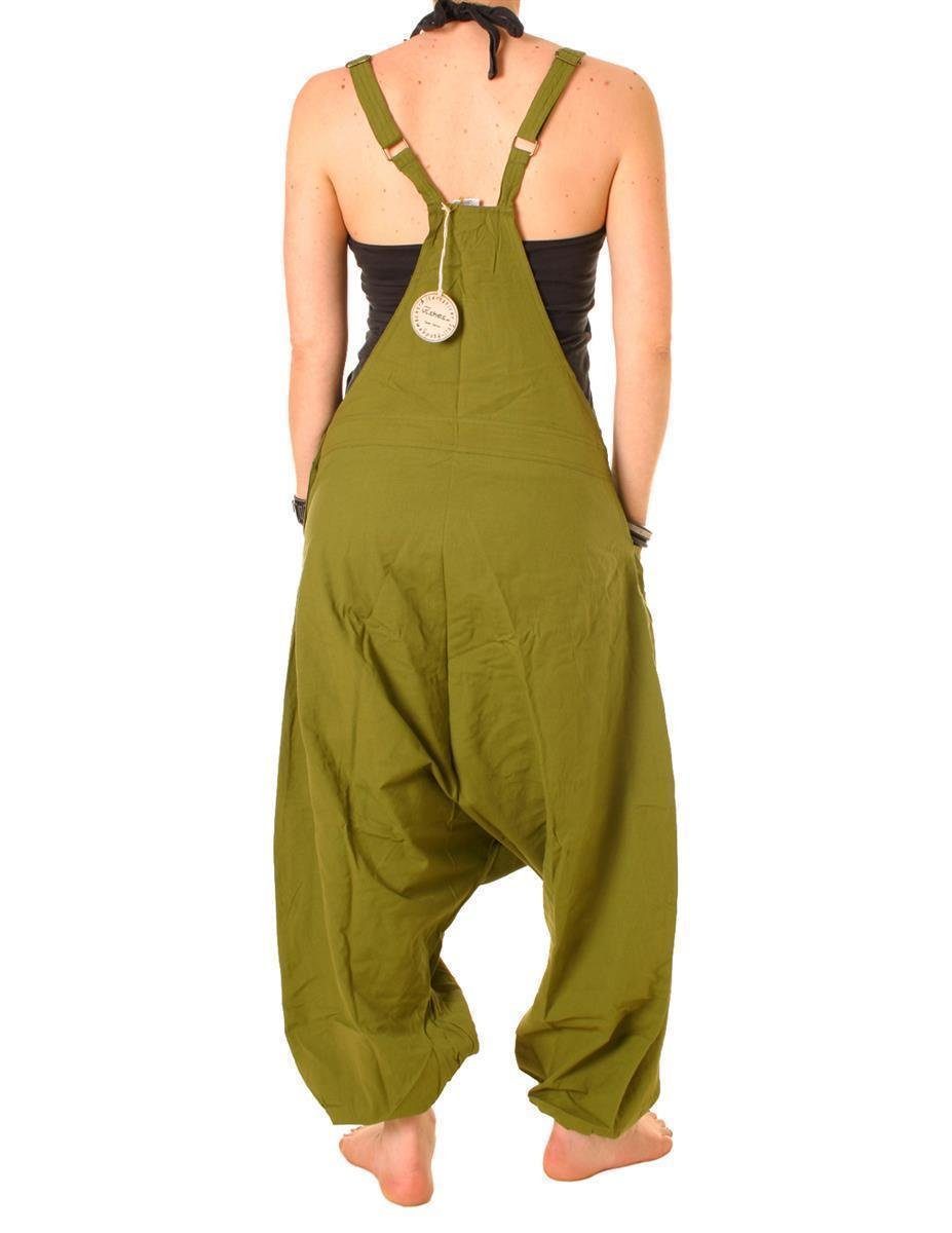 Vishes Latzhose Damen Sommer Hose einfarbig Haremshose tragen, Hippie, Goa, Overall Baumwolle bequem olivgrün zu