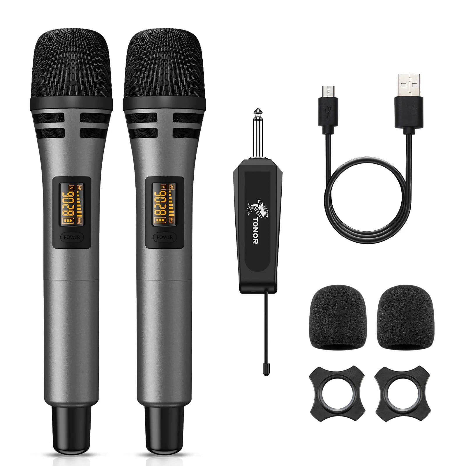 TONOR Mikrofon TONOR TW320 Funkmikrofon kabelloses UHF Mikrofon 60 m Reichweite (Set, 2-tlg), 15 Kanäle, 6,35-mm, bis 6 Std. Laufzeit geräuscharmer Klang