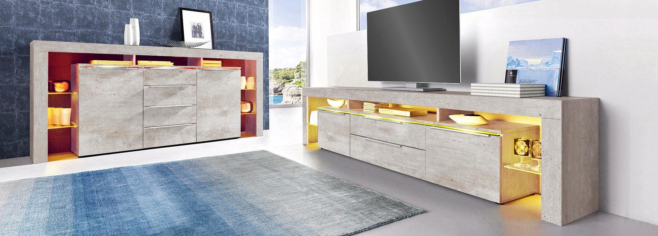 borchardt Möbel Sideboard Lima, Breite 192cm mit Metallgriffen und Glasböden, Sehr viel Stauraum, 2 Türen, 4 Schubfächer, eleganter Überbau