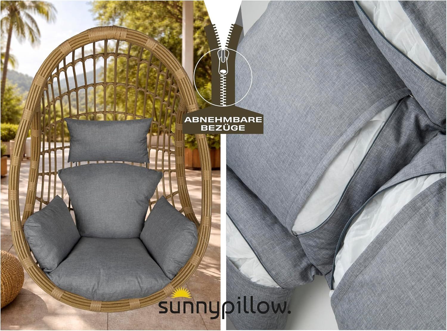 sunnypillow Hängesessel Auflage für Rattan & Polyrattan Hängeschaukel, Grau – Bild 4 von 5