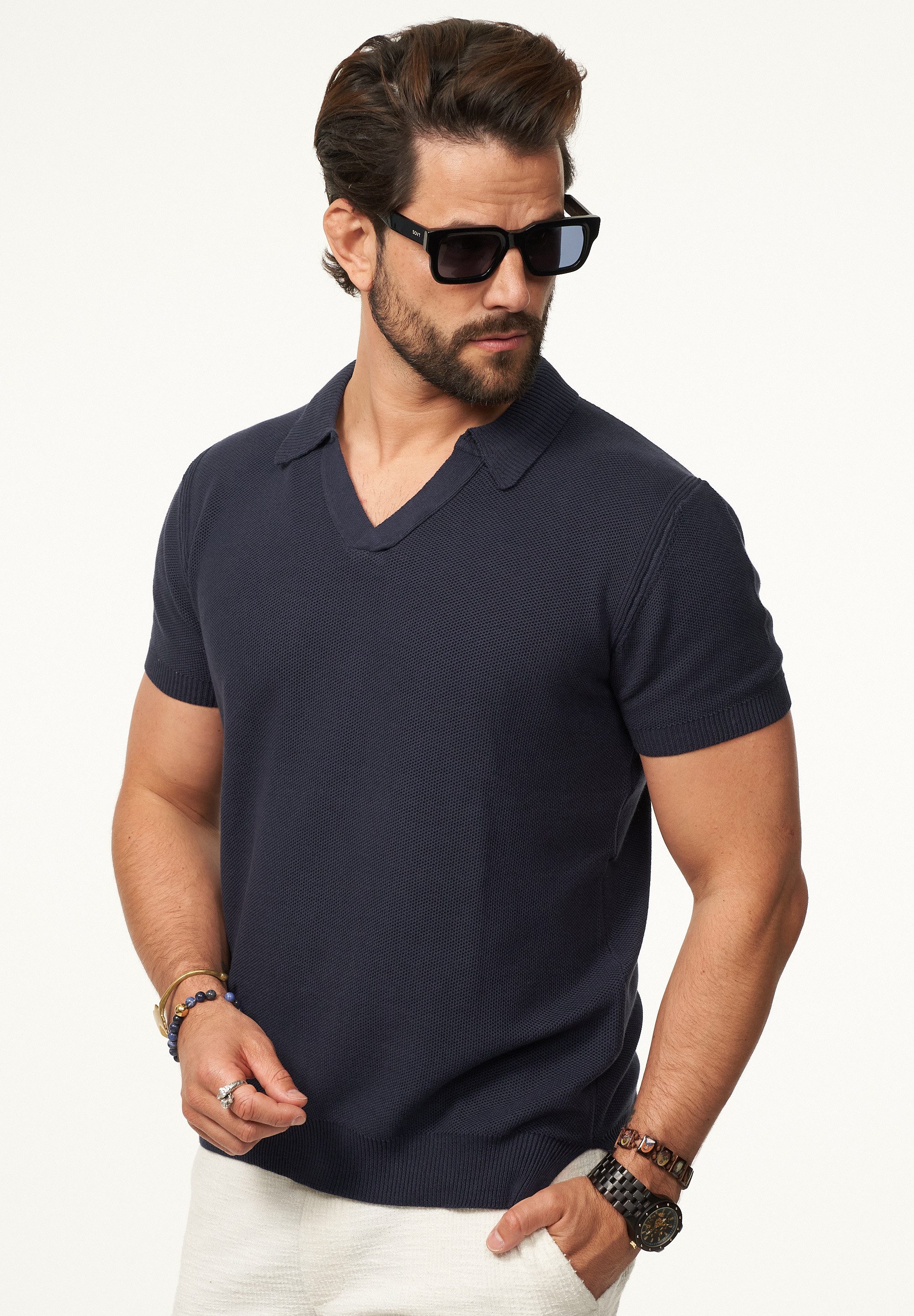 SOULSTAR Poloshirt mit offenem Kragen Herren Kurzarm Strick Polo-Hemd T-Shirt