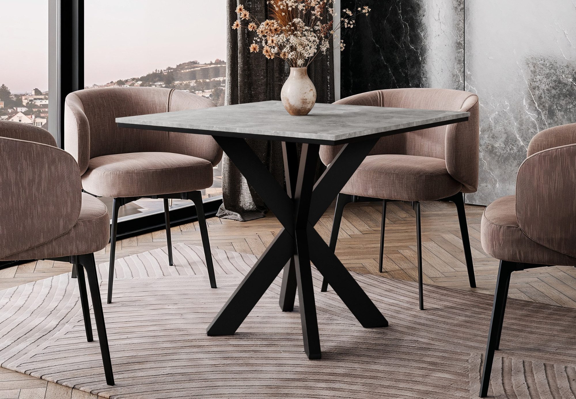 Home Collective Esstisch Tisch Küchentisch Esszimmertisch 90x90cm verschiedene Farben (Esszimmer Küche Wohnzimmer Esstisch), modernes Design Kreuzgestell aus Metall 90x90 cm Steingrau