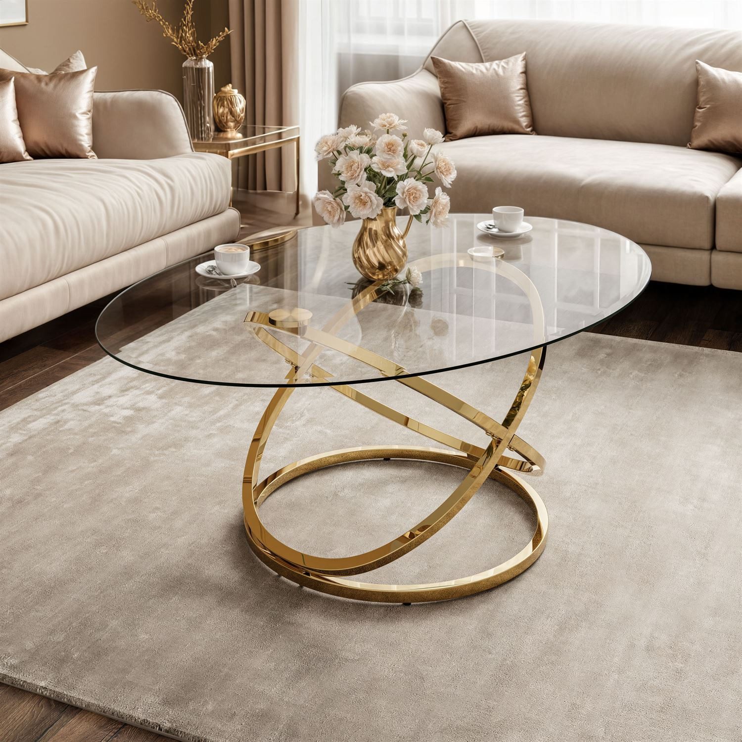 Lookway Couchtisch BELLE Sofatisch mit Glasplatte und goldener Basis (1x Couchtisch), Breite: 122 cm
