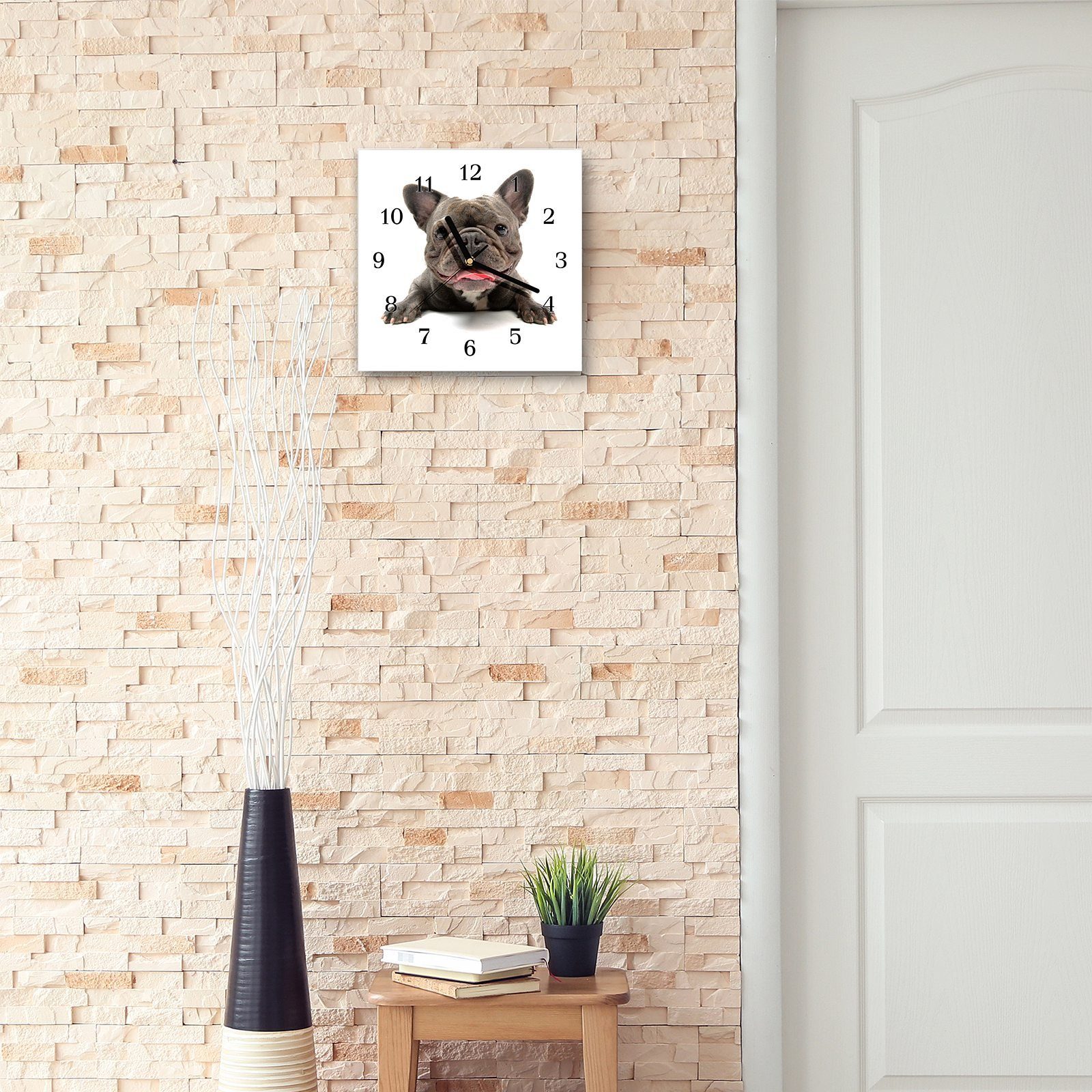Glasuhr Bulldogge Motiv Wandkunst Französische x 30 Wanduhr cm mit Größe Primedeco Wanduhr 30