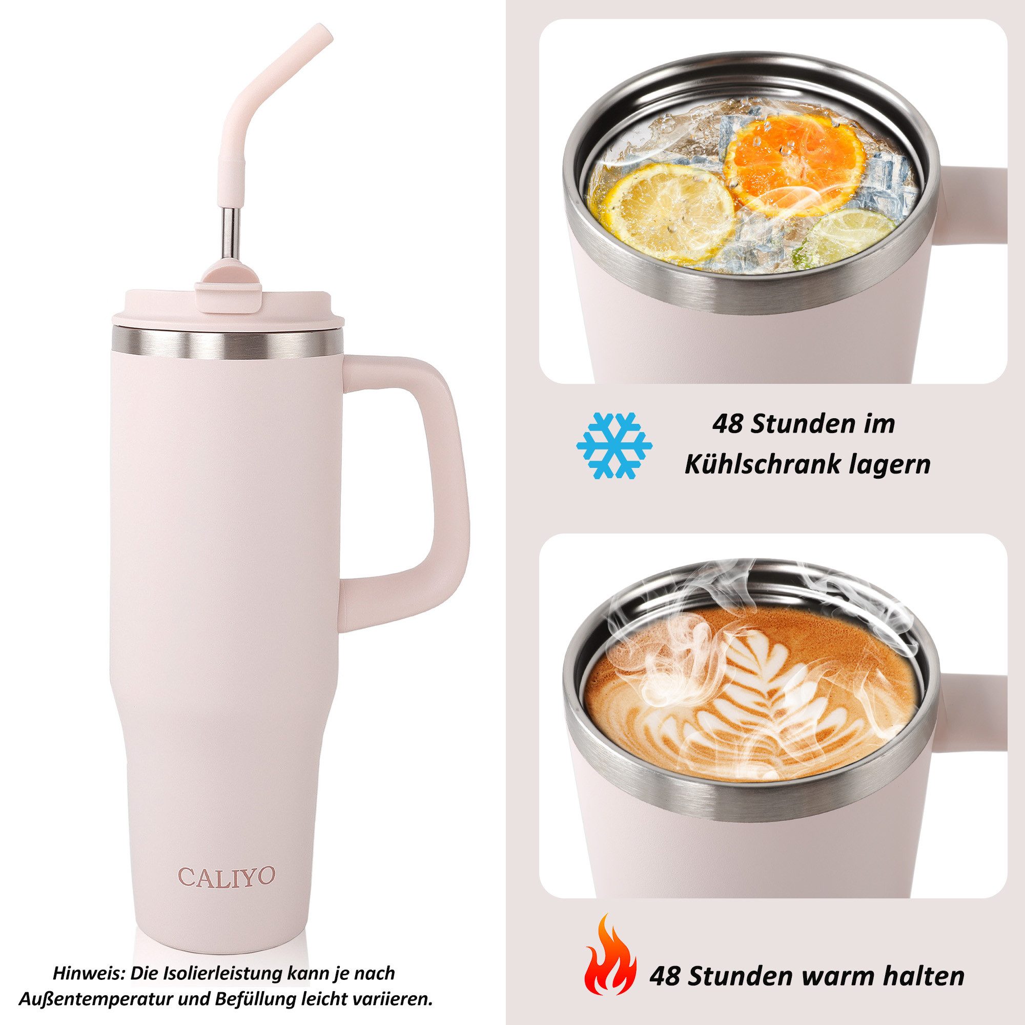 CALIYO Thermoflasche Thermobecher 1.2L Edelstahl BPA frei mit Strohhalm und Deckel, Langanhaltend kühl / warm spülmaschinenfest für Sport, Reisen