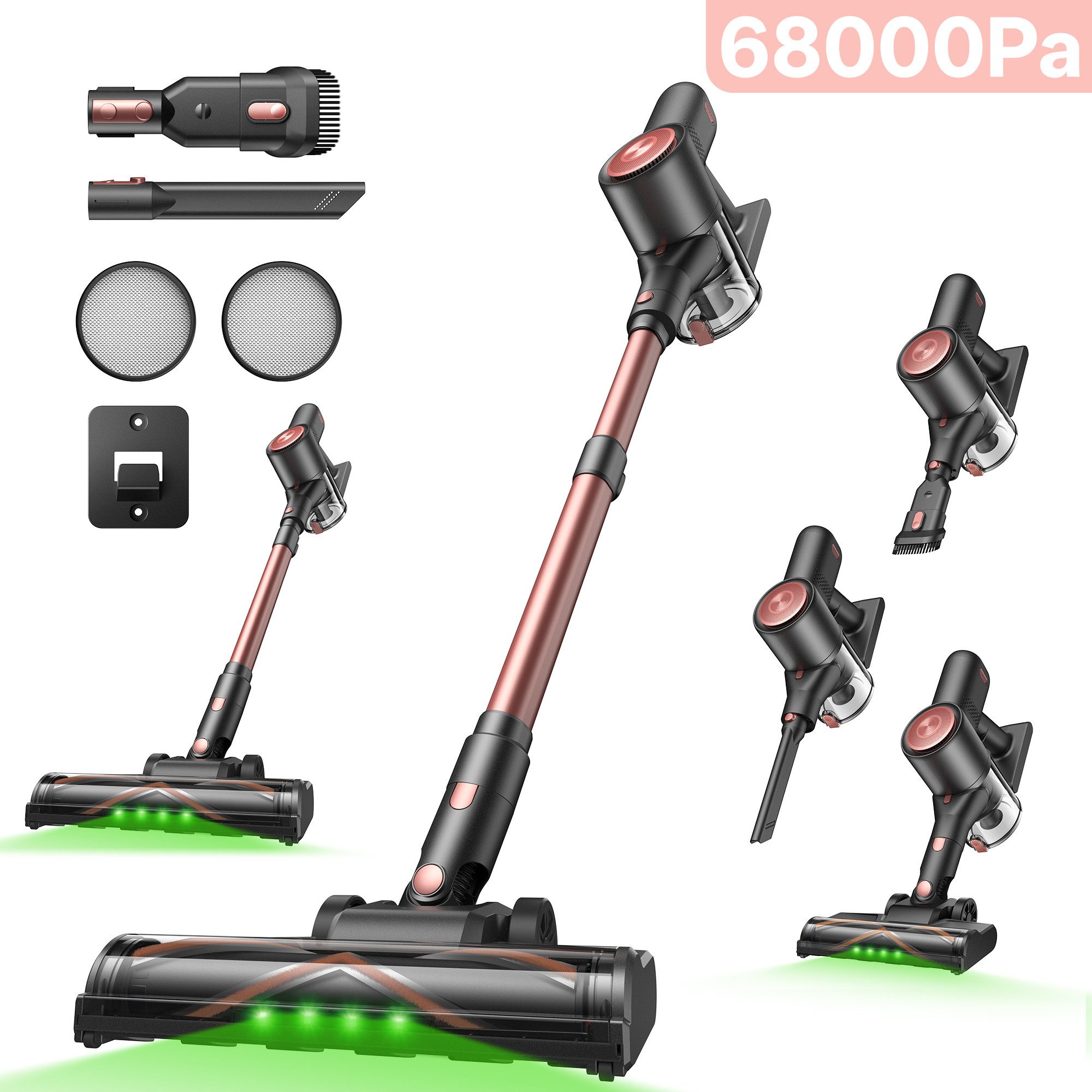 Vactidy Akku-Hand-und Stielstaubsauger V10 Pro, Akkustaubsauger,45Min,68KPa, 400 W, beutellos, 68000Pa,LED-Anzeige & GreenEye-Licht, Ultraleichtes Design