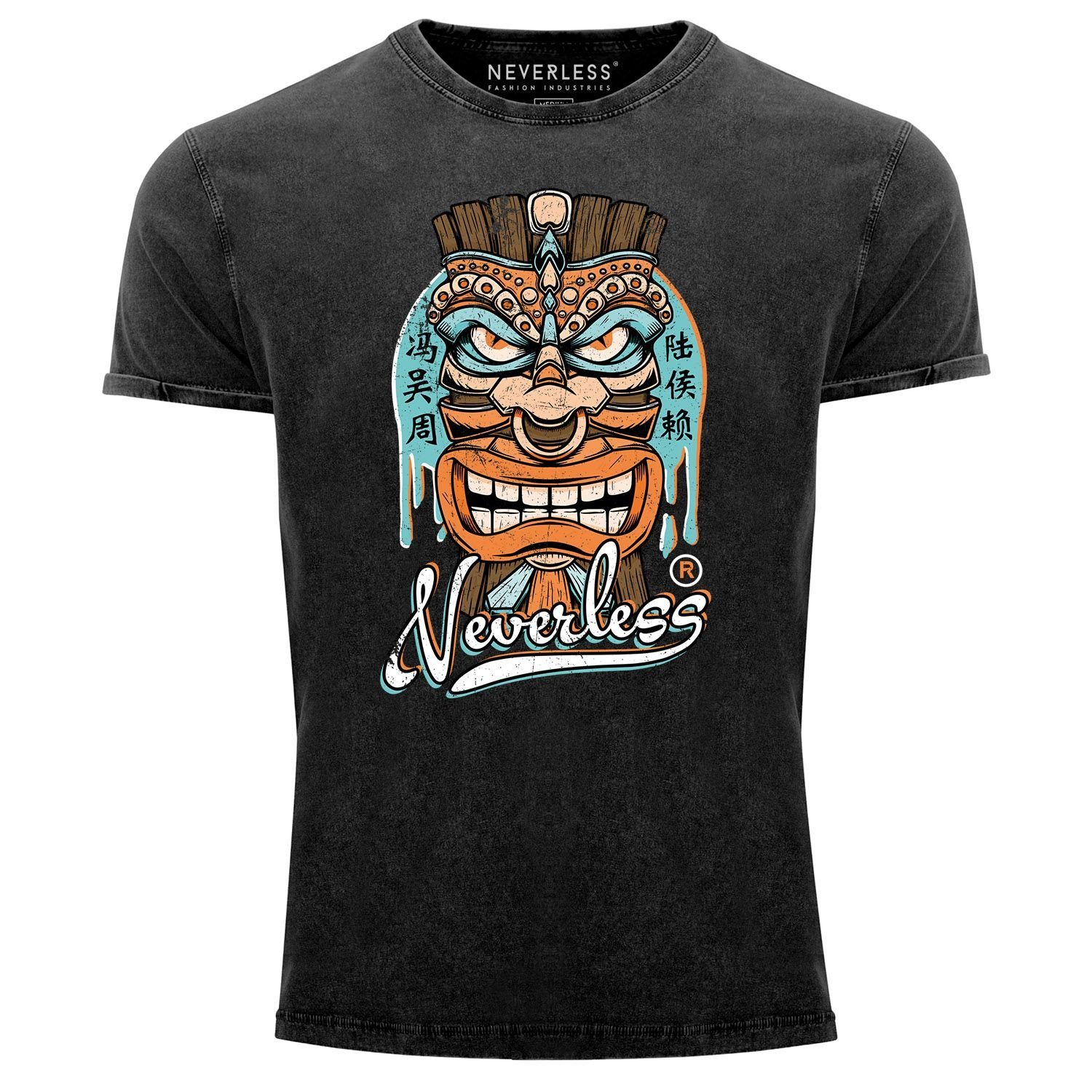 Neverless Print-Shirt Herren Vintage Shirt Tiki Maske Totem Figur Hawaii Printshirt T-Shirt mit Print