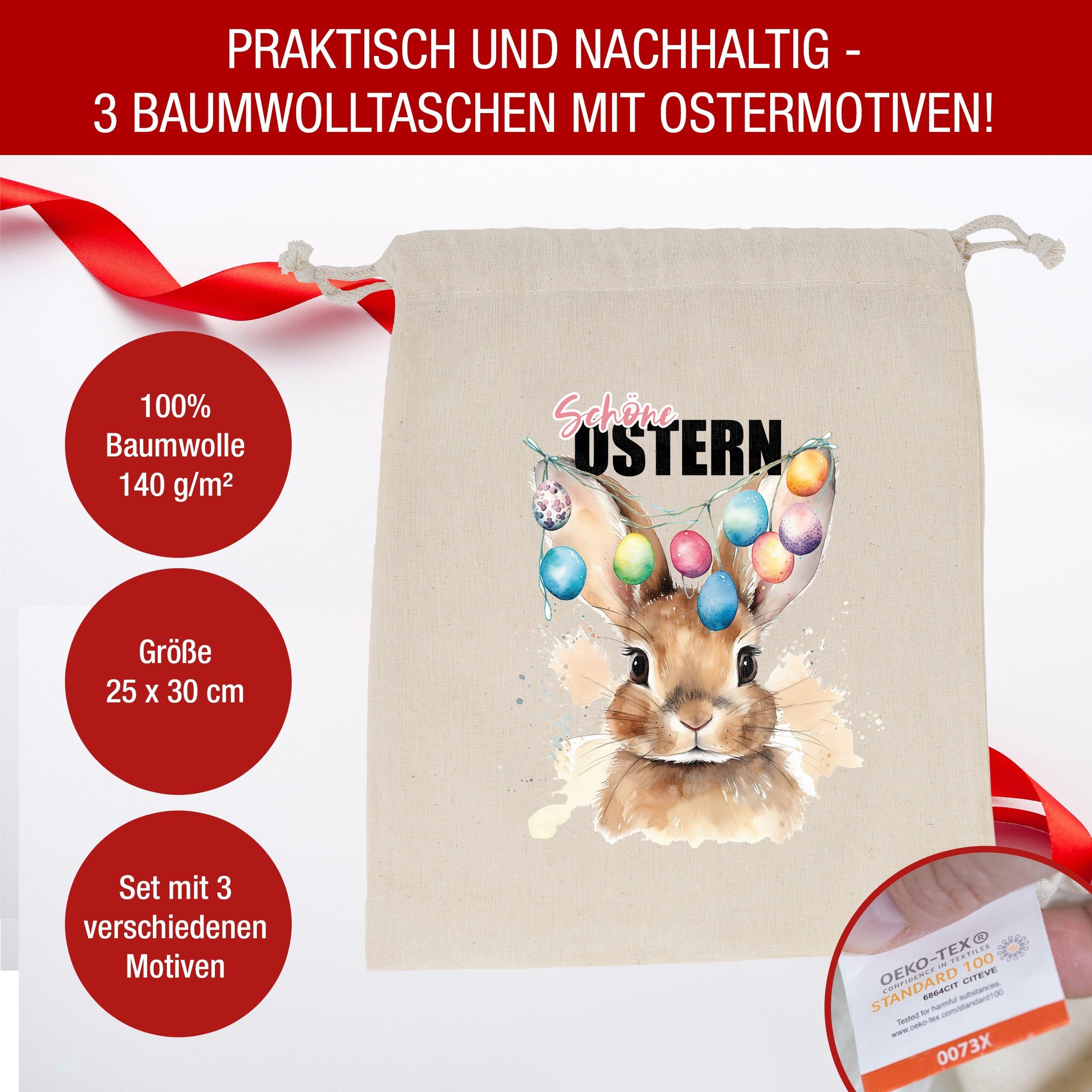 TOBJA Osternest Osterbeutel Stoff 3er Set Ostern Geschenkverpackung, Geschenksäckchen 25x30cm Osterhasen Ostergeschenk