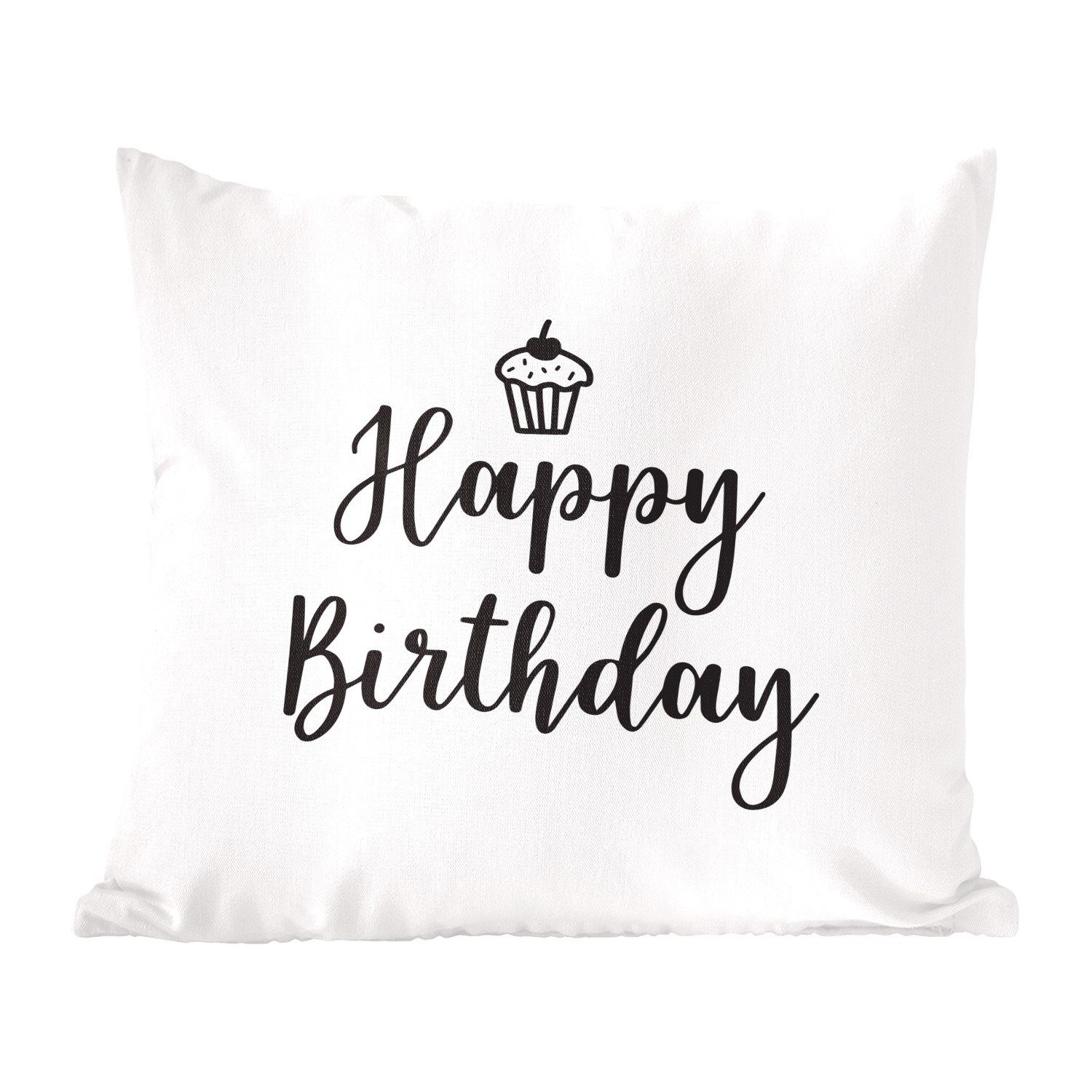 MuchoWow Dekokissen Cupcake mit dem Zitat "Happy Birthday" auf einem weißen Hintergrund, Zierkissen mit Füllung für Wohzimmer, Schlafzimmer, Deko, Sofakissen | Dekokissen