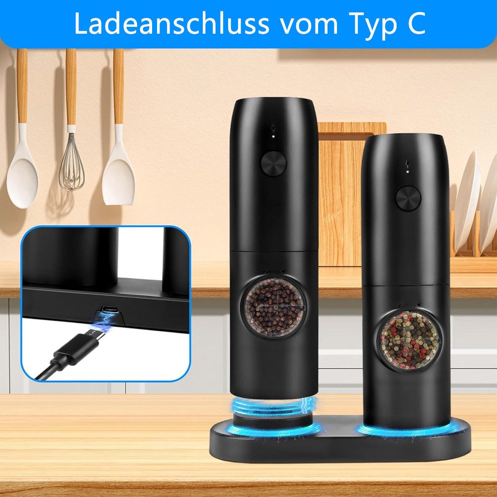 TUWENA Salz-/Pfeffermühle Salz und Pfeffermühlen Elektrische 2er Set mit Wiederaufladbarer Basis