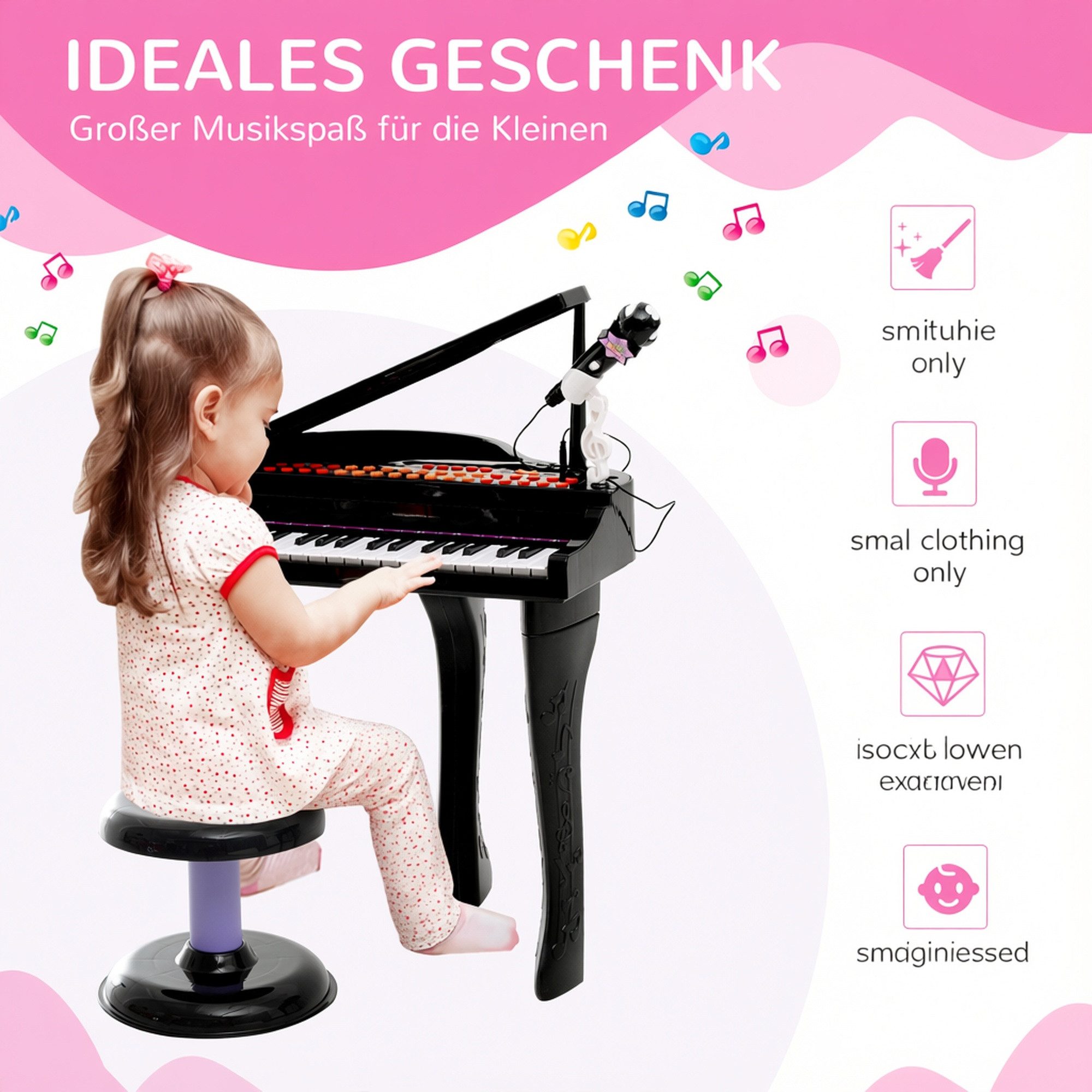 HOMCOM Spielzeug-Musikinstrument Keyboard Kinder mit Mikrofon, LED-Lehrmodus, Piano schwarz, (Mini-Klavier, 2 tlg., MP3 USB inkl. Hocker 37 Tasten), Schwarz 48  – Bild 4 von 5