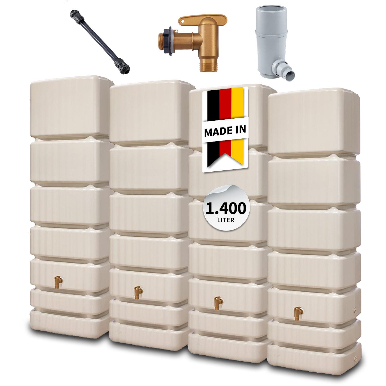 4rain Regentonne SLIM Wandtank Komplett-Set 1400 L sandbeige, 1400 l