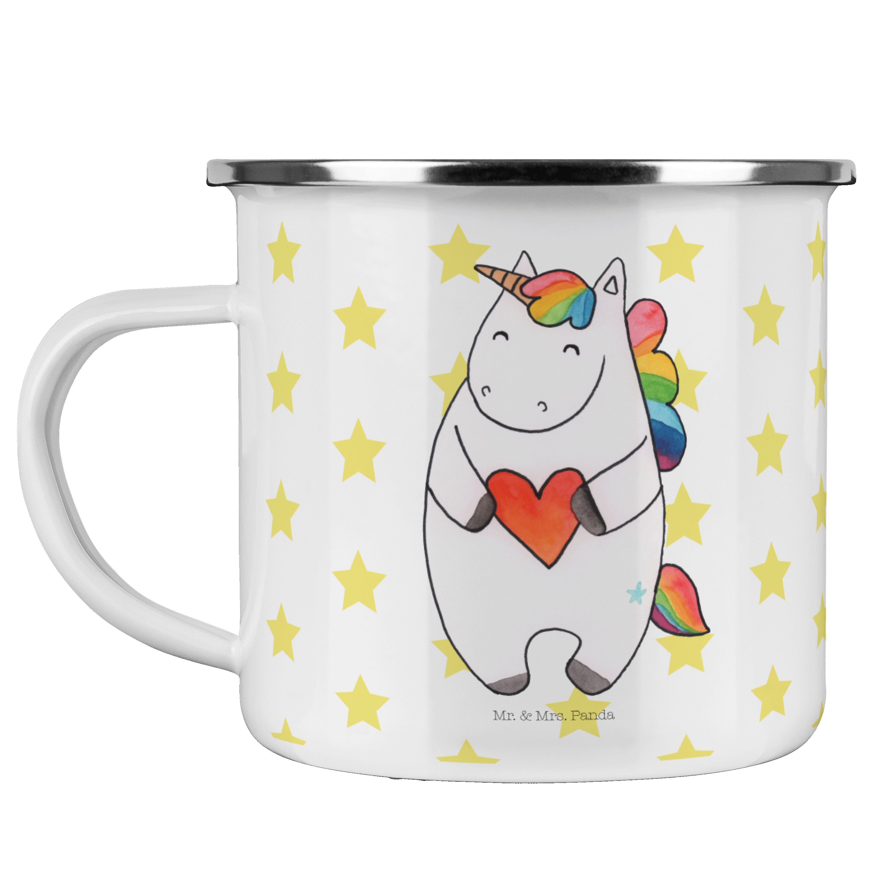 Mr. & Mrs. Panda Becher Einhorn Herz - Weiß - Geschenk, böse, Pegasus, Blechtasse Outdoor, Ca, Emaille | Becher